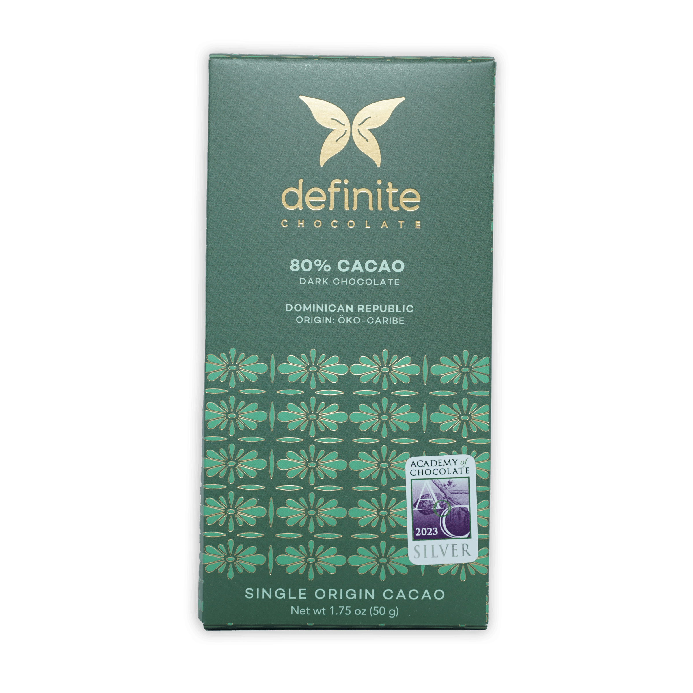 Definite Oko Caribe 80% cacao dark chocolate bar with green wrapper and silver award