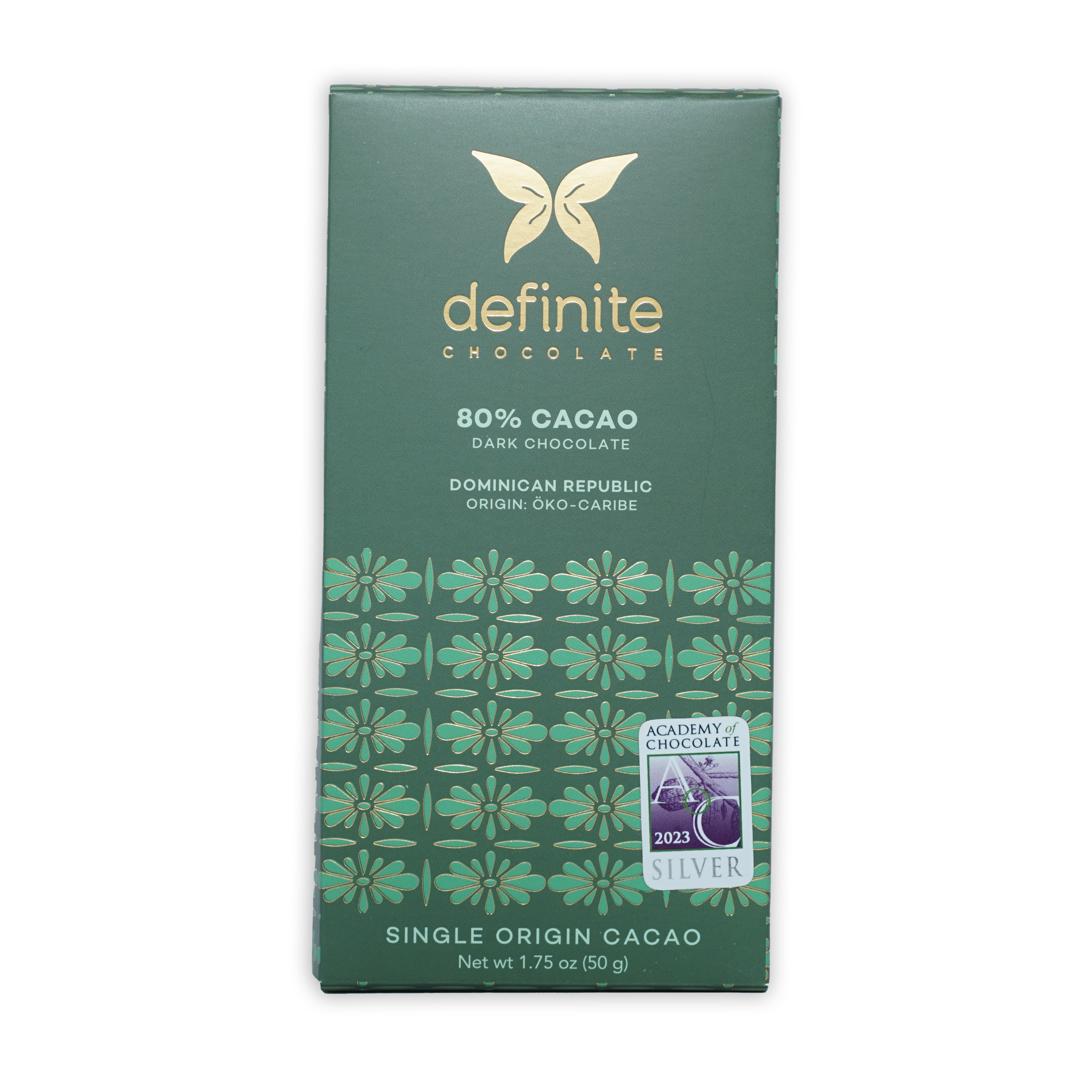 Definite Oko Caribe 80% cacao dark chocolate bar with green wrapper and silver award