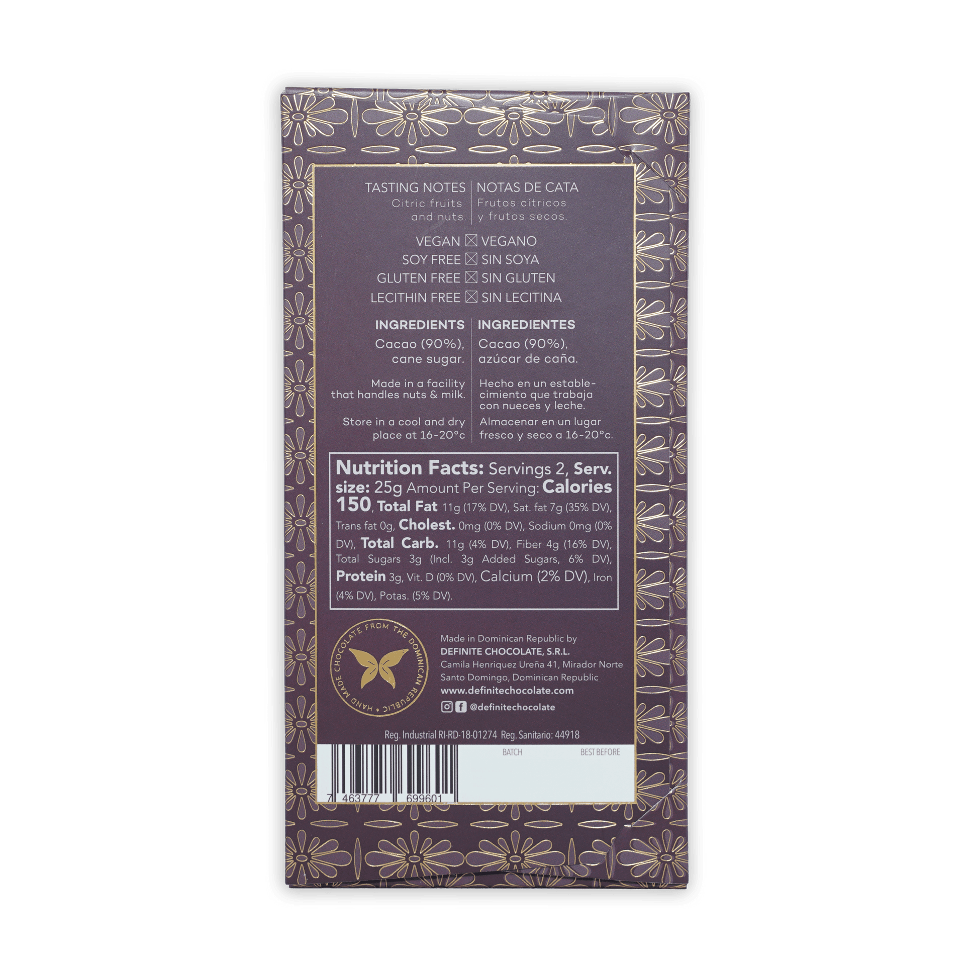 Back of Definite Bhonacao Dark 90% purple wrapper with gold floral pattern