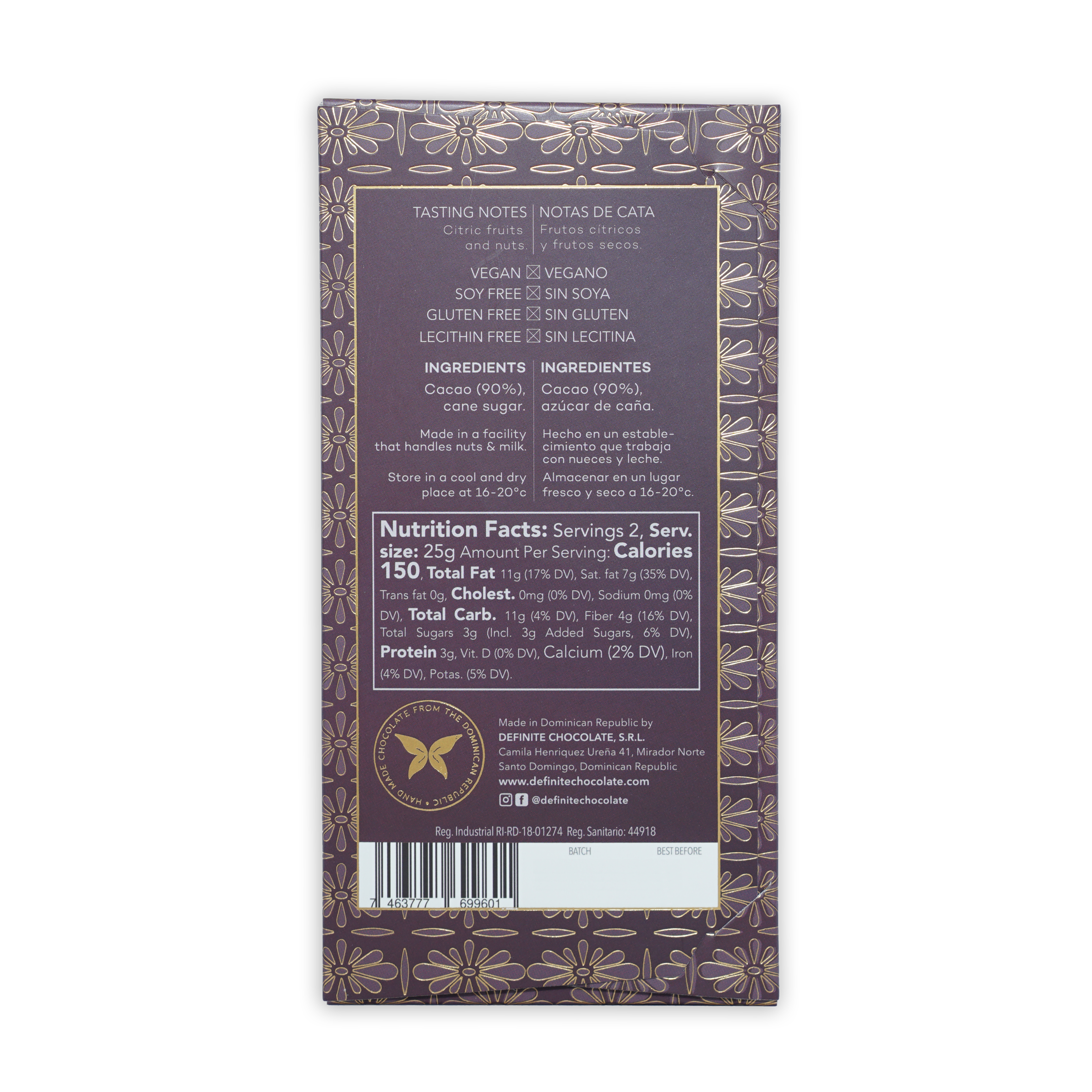 Back of Definite Bhonacao Dark 90% purple wrapper with gold floral pattern