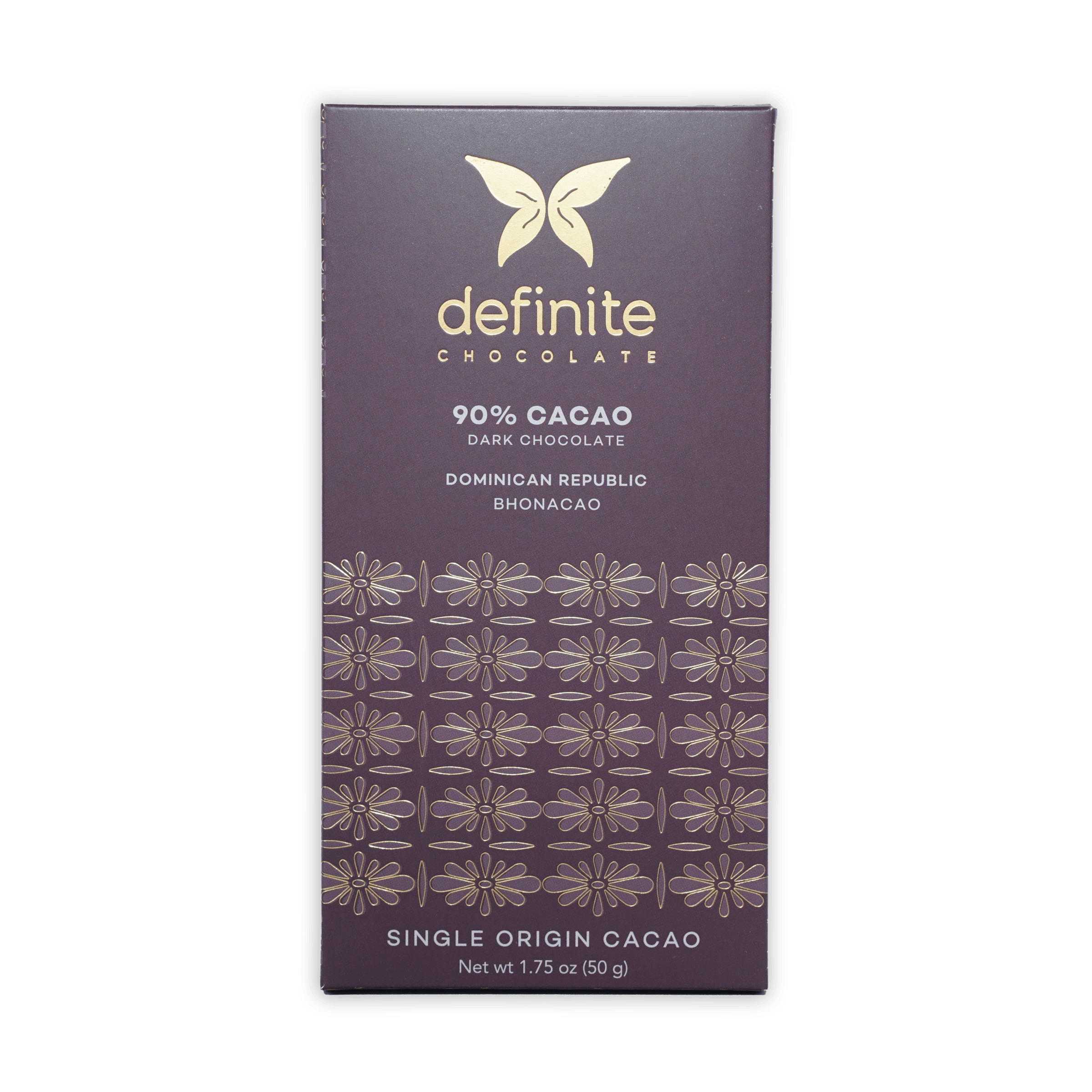 Definite Bhonacao Dark 90% chocolate bar with gold butterfly logo