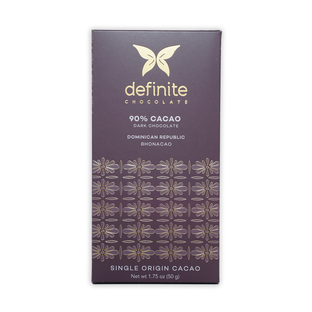 Definite Bhonacao Dark 90% chocolate bar with gold butterfly logo