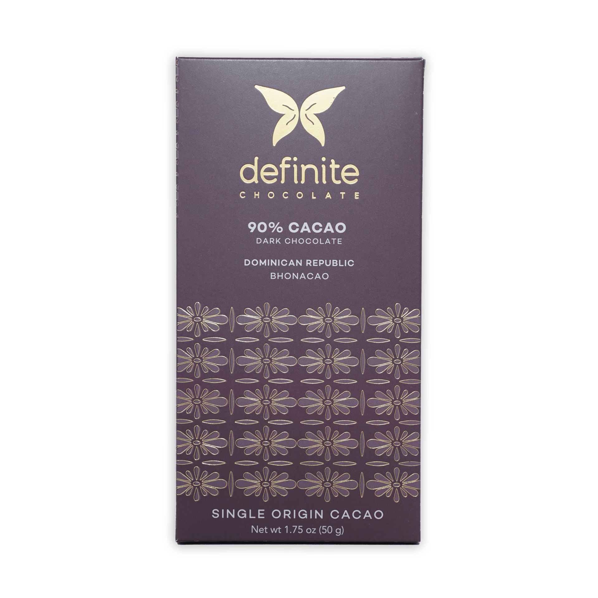 Definite Bhonacao Dark 90% chocolate bar with gold butterfly logo