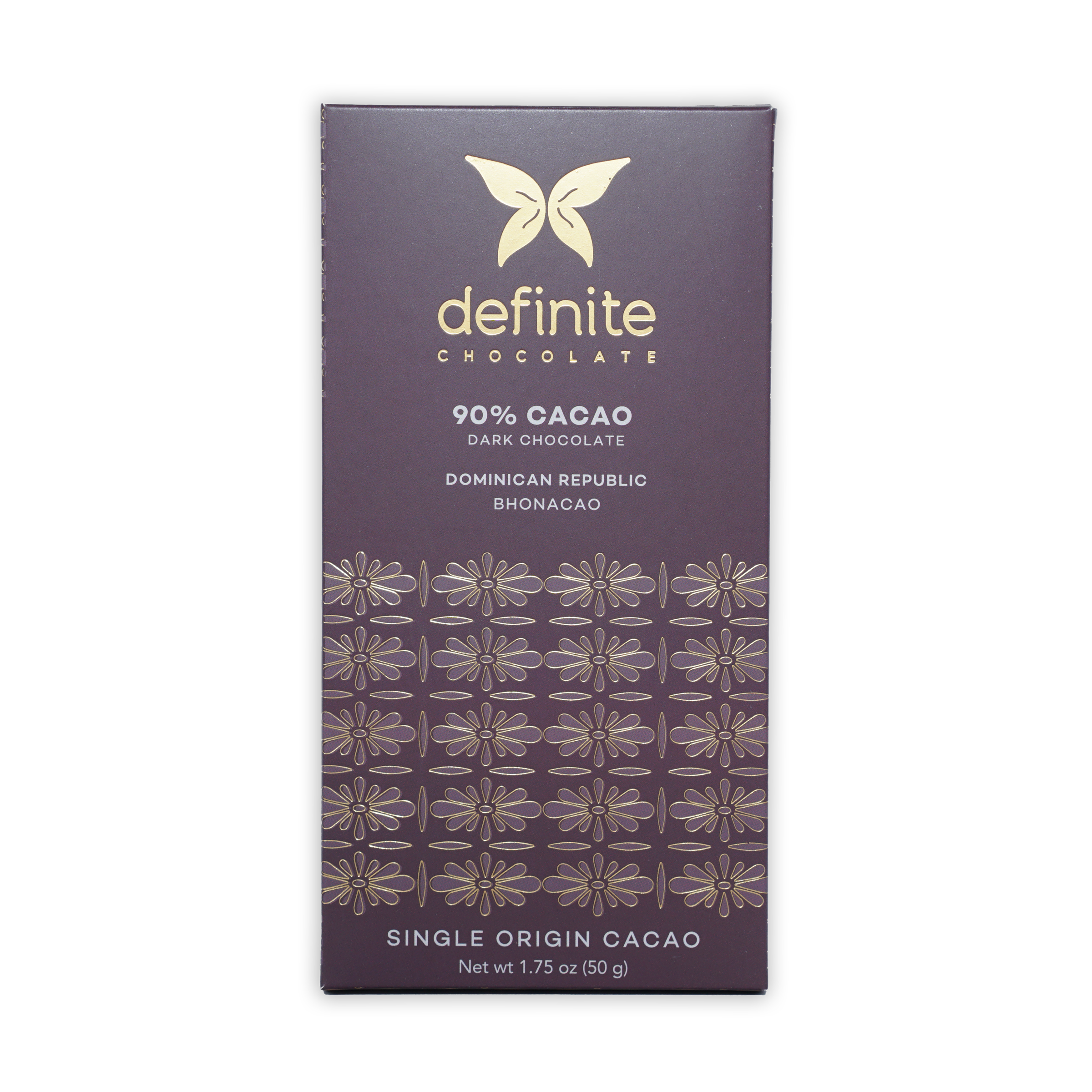 Definite Bhonacao Dark 90% chocolate bar with gold butterfly logo