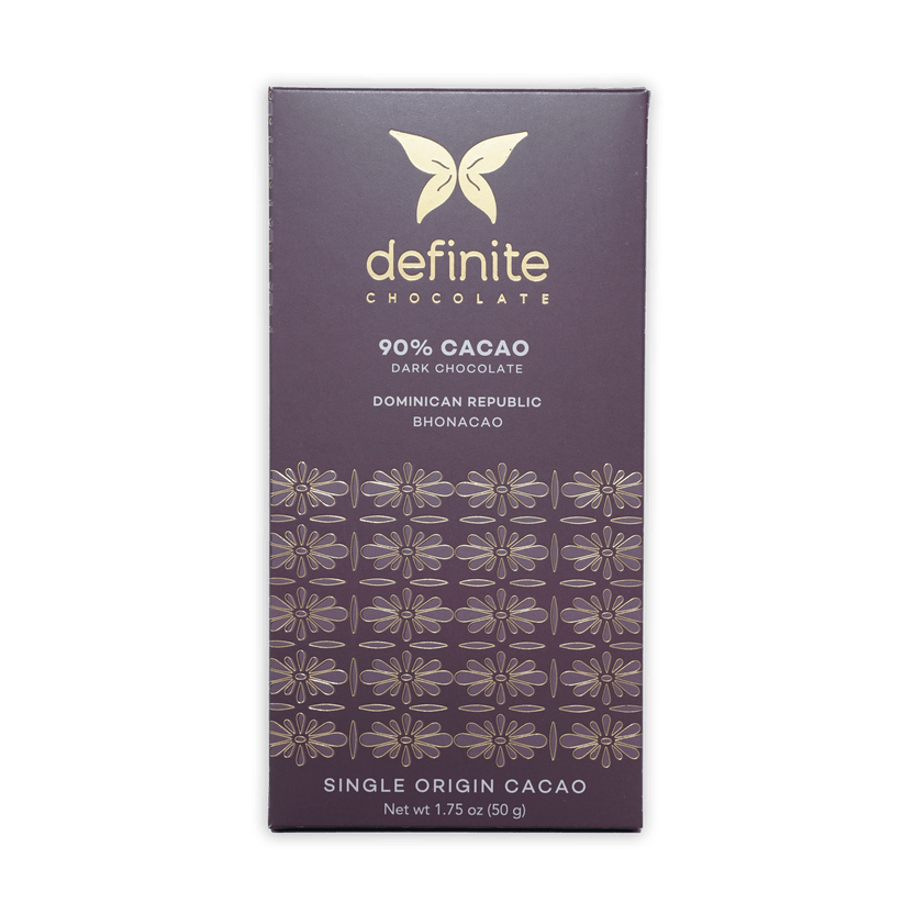 Definite Bhonacao Dark 90% chocolate bar with gold butterfly logo