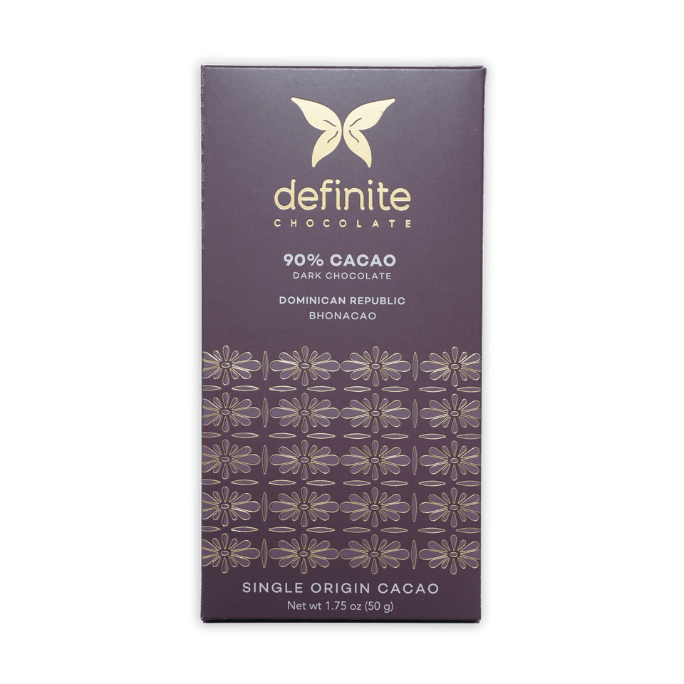 Definite Bhonacao Dark 90% chocolate bar with gold butterfly logo