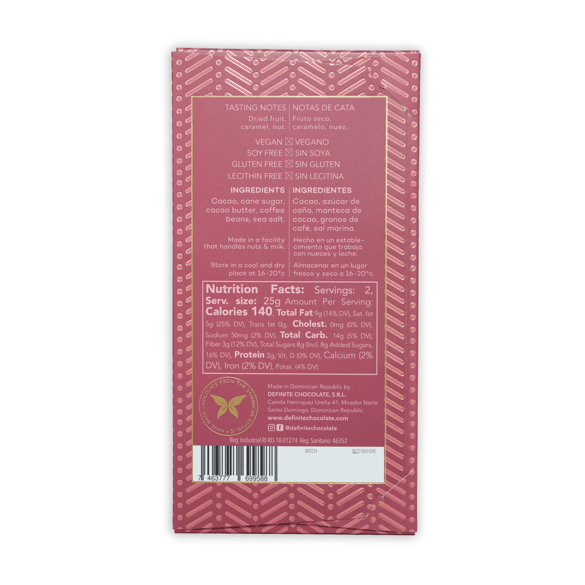Back of Definite Dark Chocolate w/ Coffee & Sea Salt 65% pink wrapper