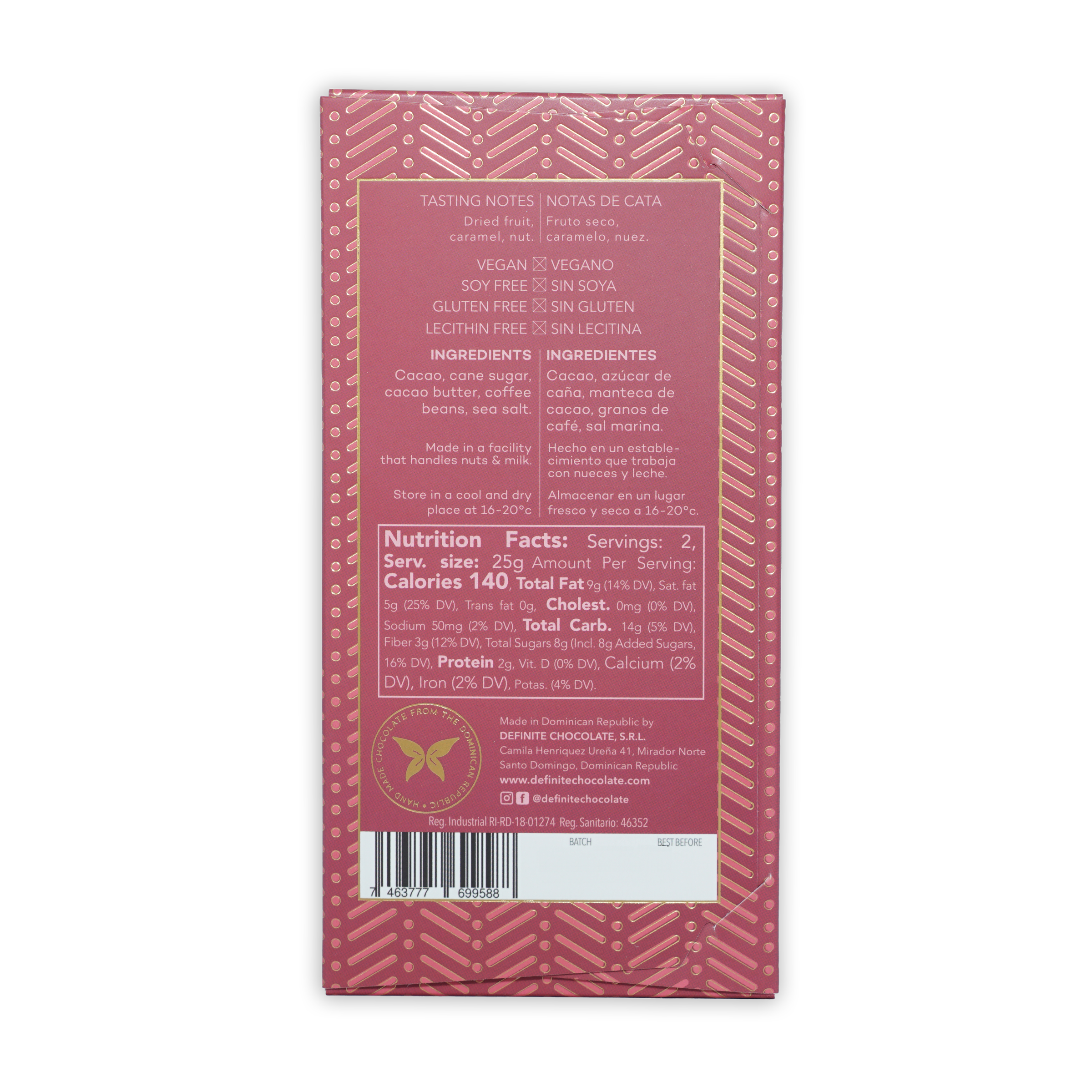 Back of Definite Dark Chocolate w/ Coffee & Sea Salt 65% pink wrapper