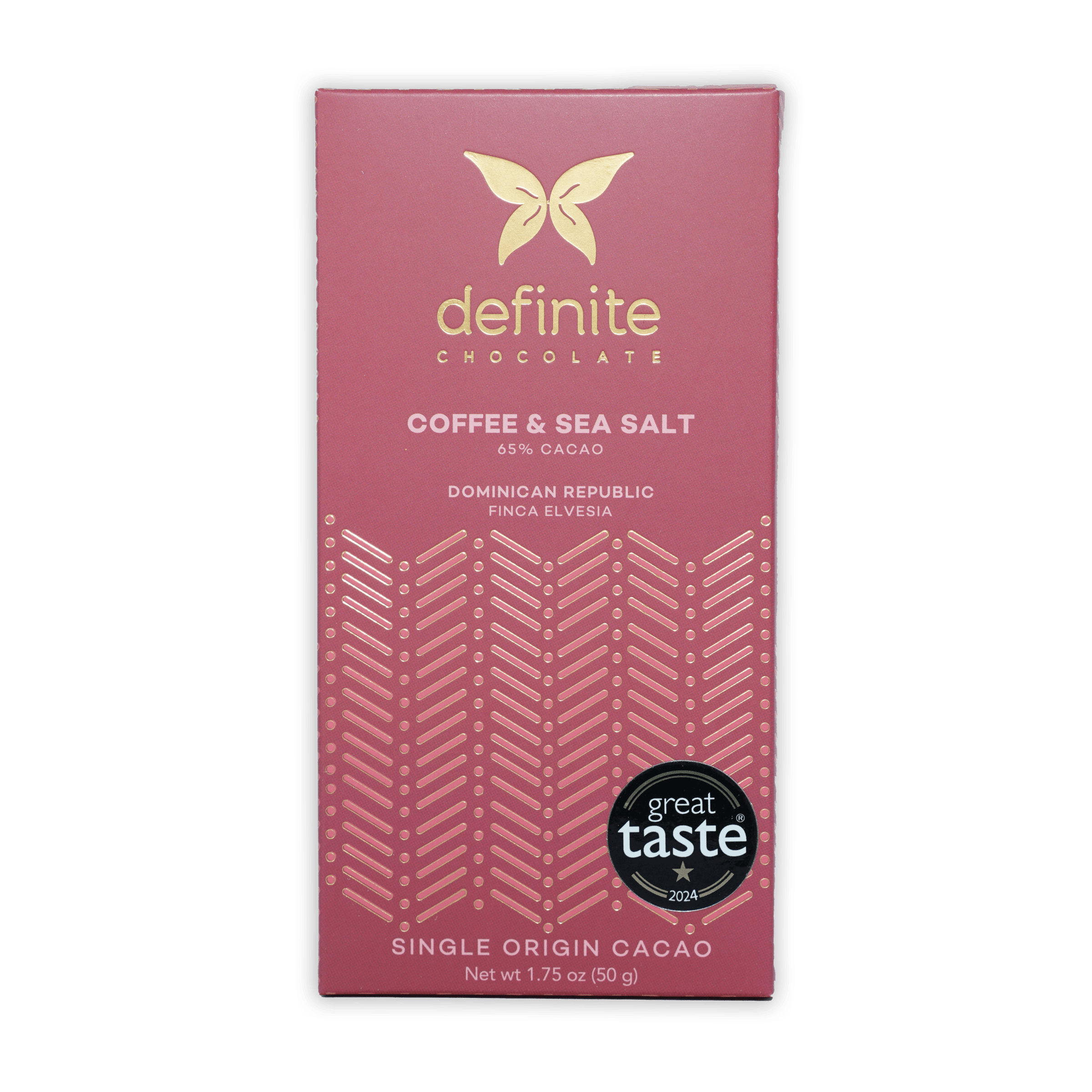 Definite Dark Chocolate Coffee & Sea Salt 65% wrapper with gold butterfly
