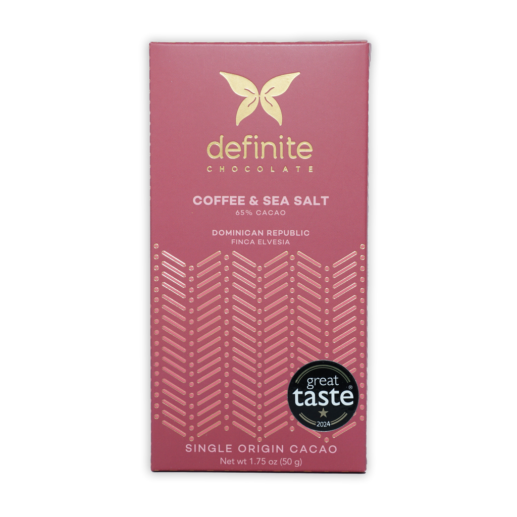 Definite Dark Chocolate Coffee & Sea Salt 65% wrapper with gold butterfly