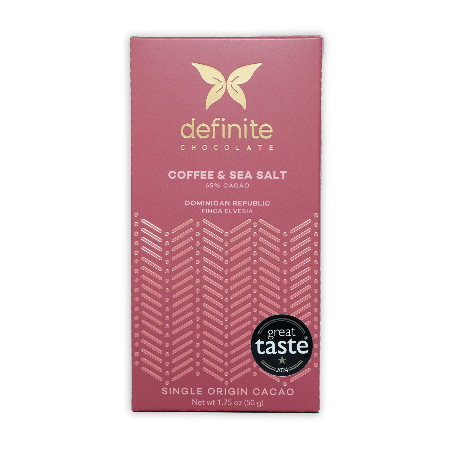 Definite Dark Chocolate Coffee & Sea Salt 65% wrapper with gold butterfly