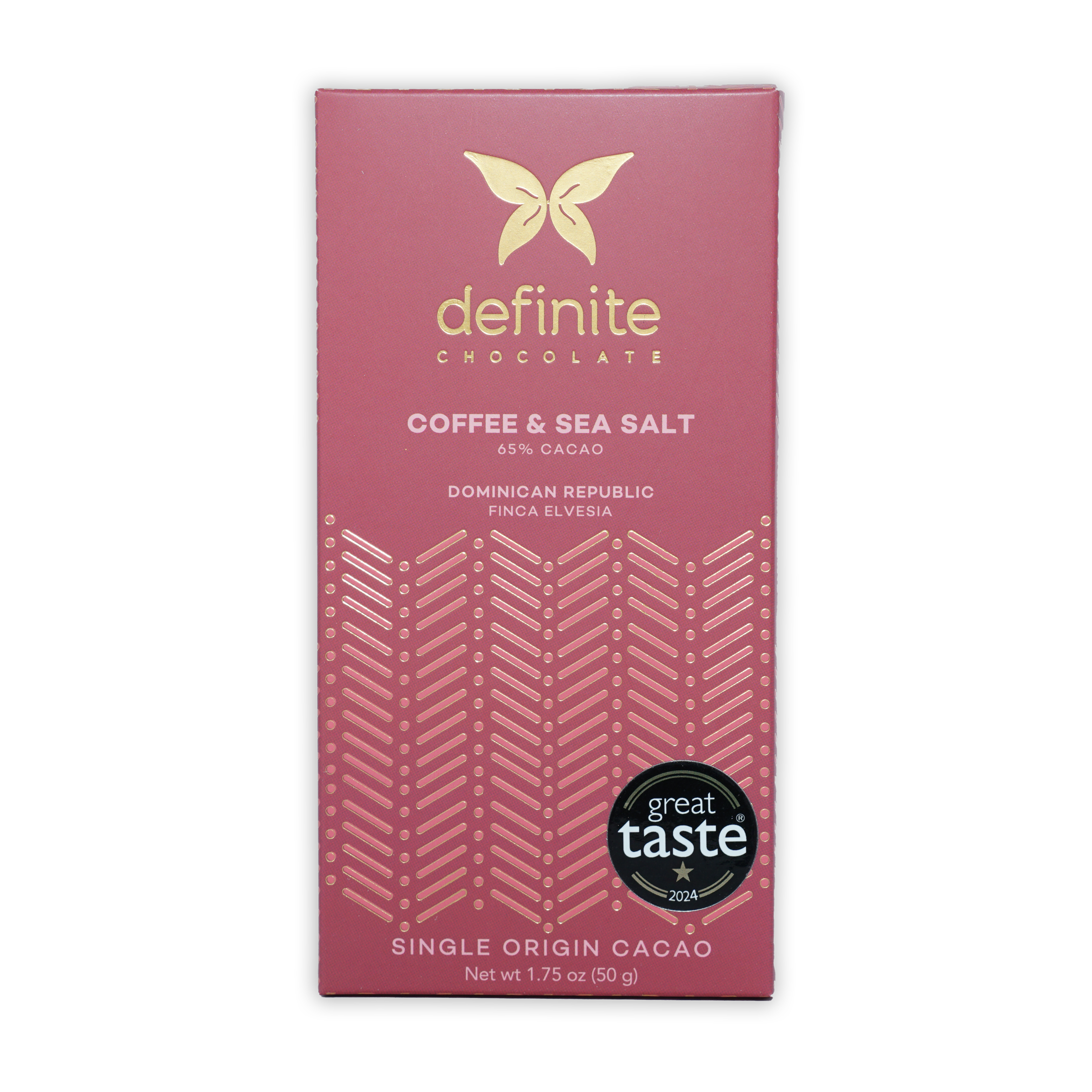 Definite Dark Chocolate Coffee & Sea Salt 65% wrapper with gold butterfly