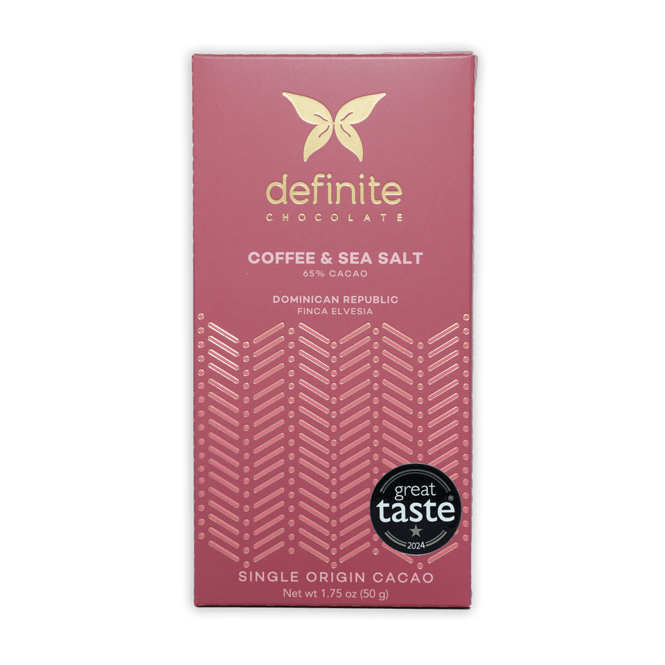 Definite Dark Chocolate Coffee & Sea Salt 65% wrapper with gold butterfly