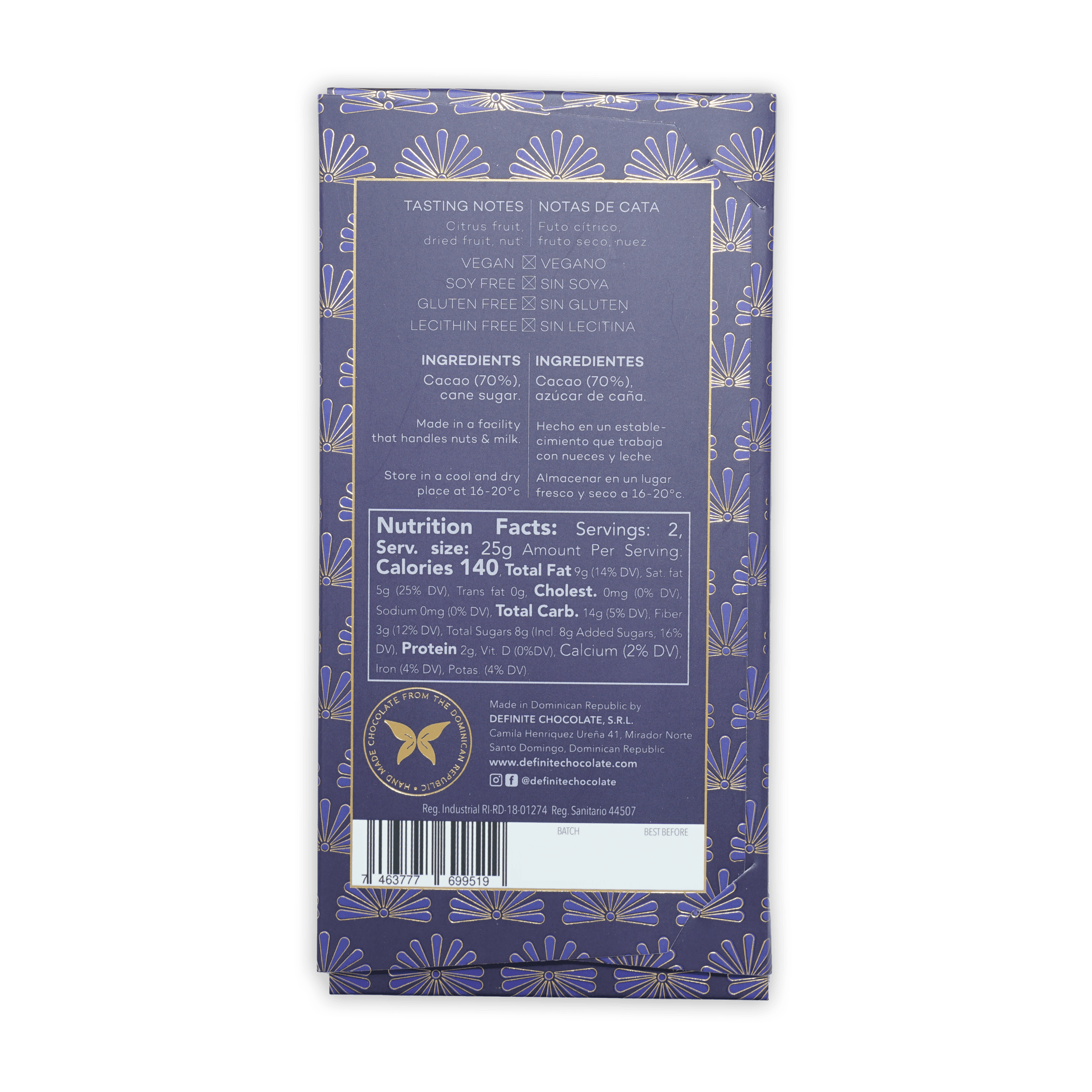 Definite Oko Caribe Dark 70% purple wrapper with gold foil floral pattern
