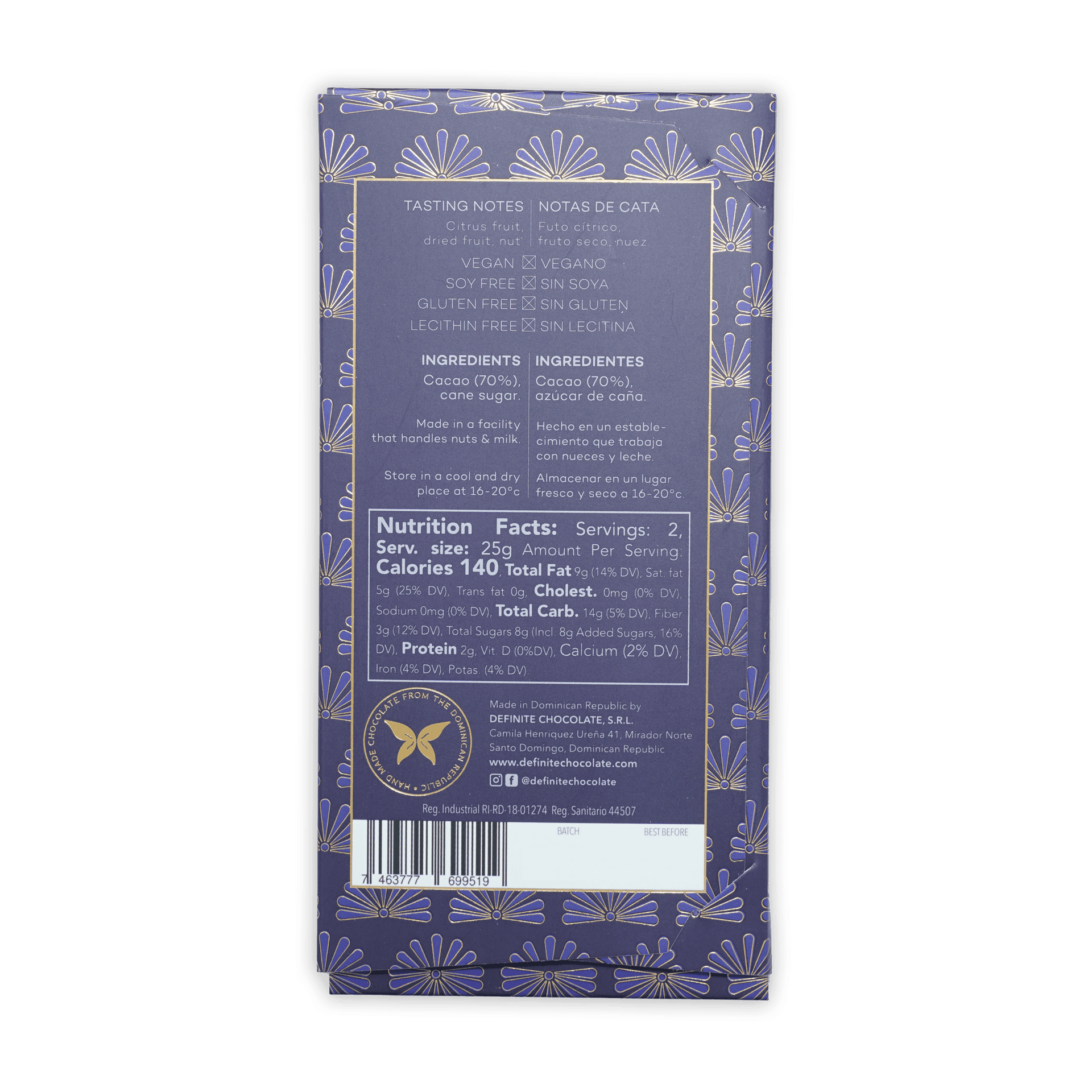 Definite Oko Caribe Dark 70% purple wrapper with gold foil floral pattern