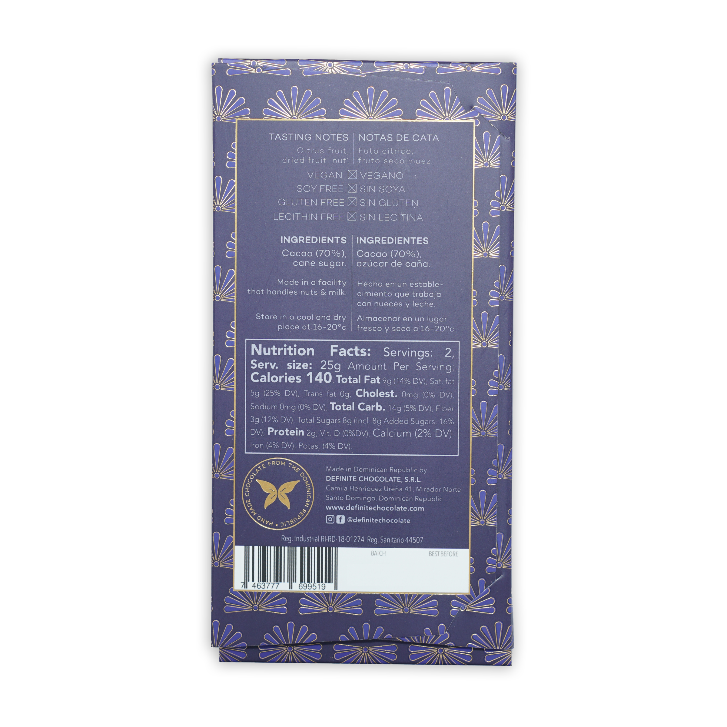 Definite Oko Caribe Dark 70% purple wrapper with gold foil floral pattern