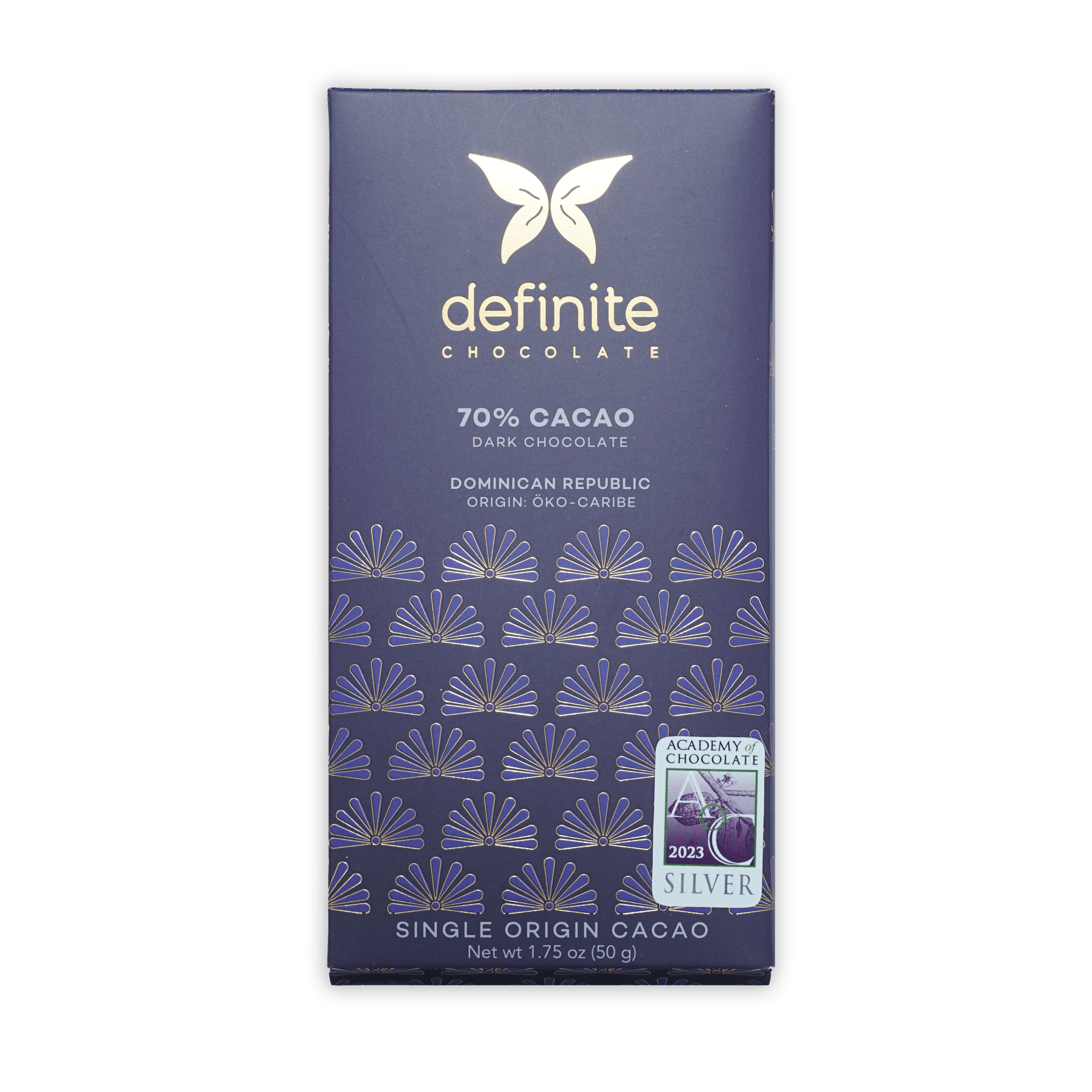 Definite Oko Caribe Dark 70% chocolate bar with gold butterfly logo