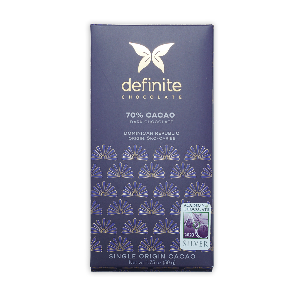 Definite Oko Caribe Dark 70% chocolate bar with gold butterfly logo