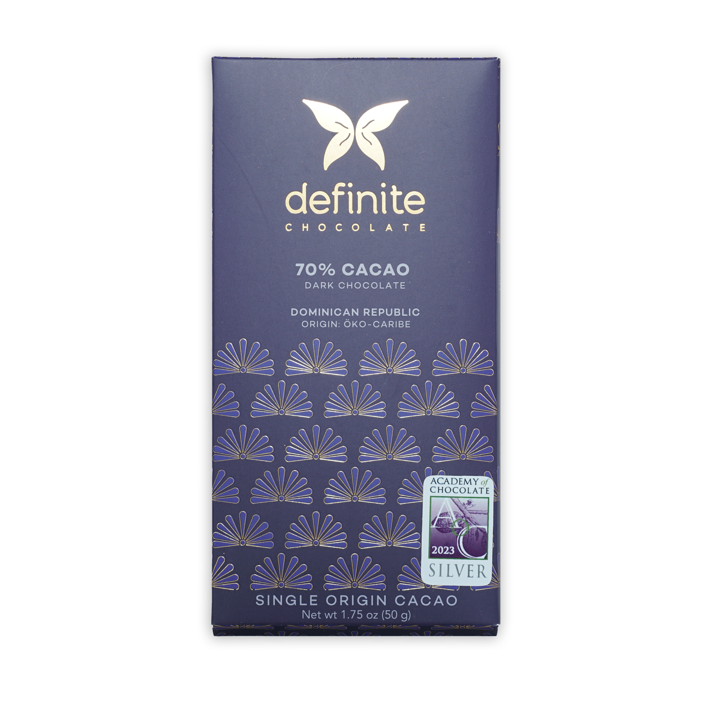 Definite Oko Caribe Dark 70% chocolate bar with gold butterfly logo