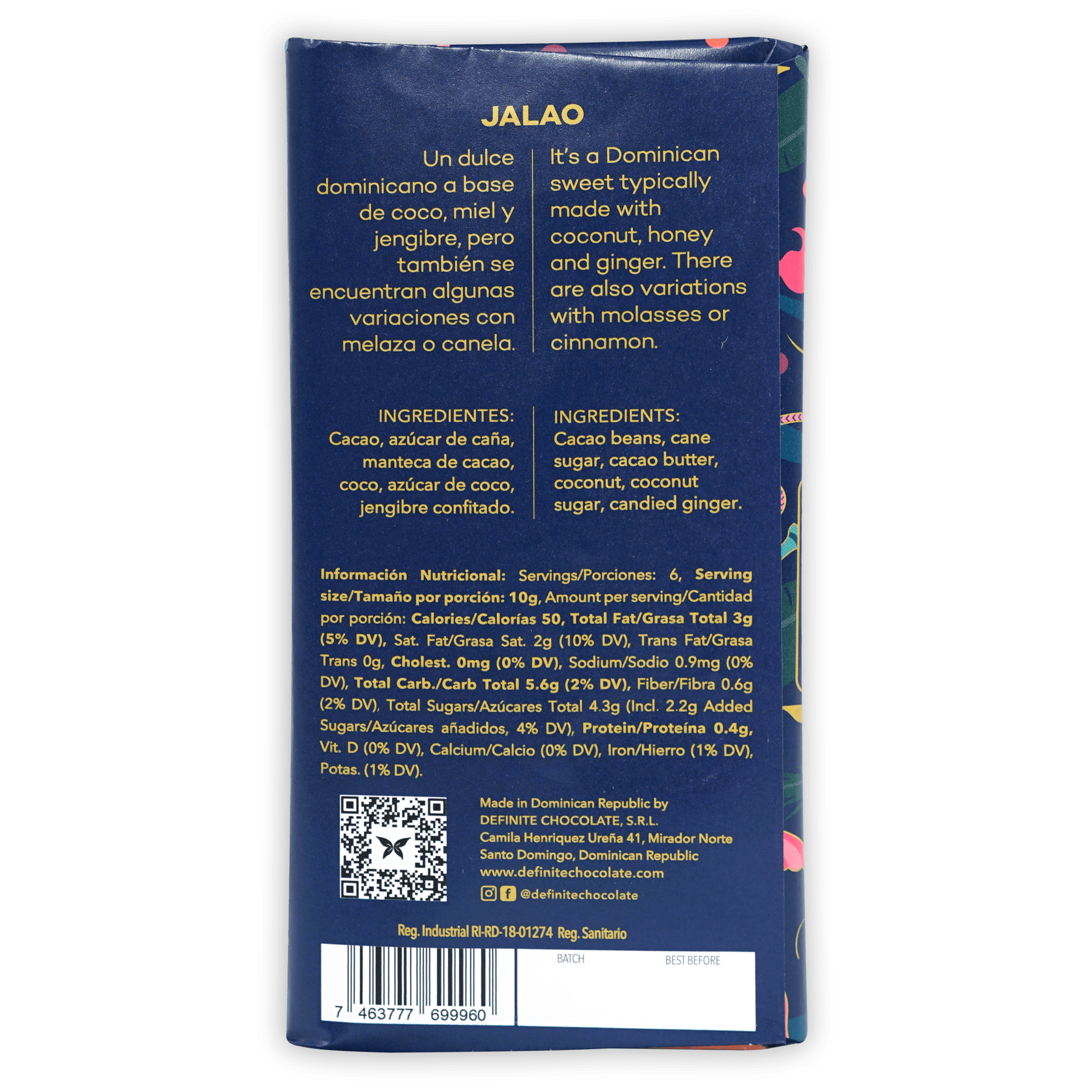 Back of dark blue Jalao Dominican chocolate bar with coconut and ginger, bilingual text and nutrition info