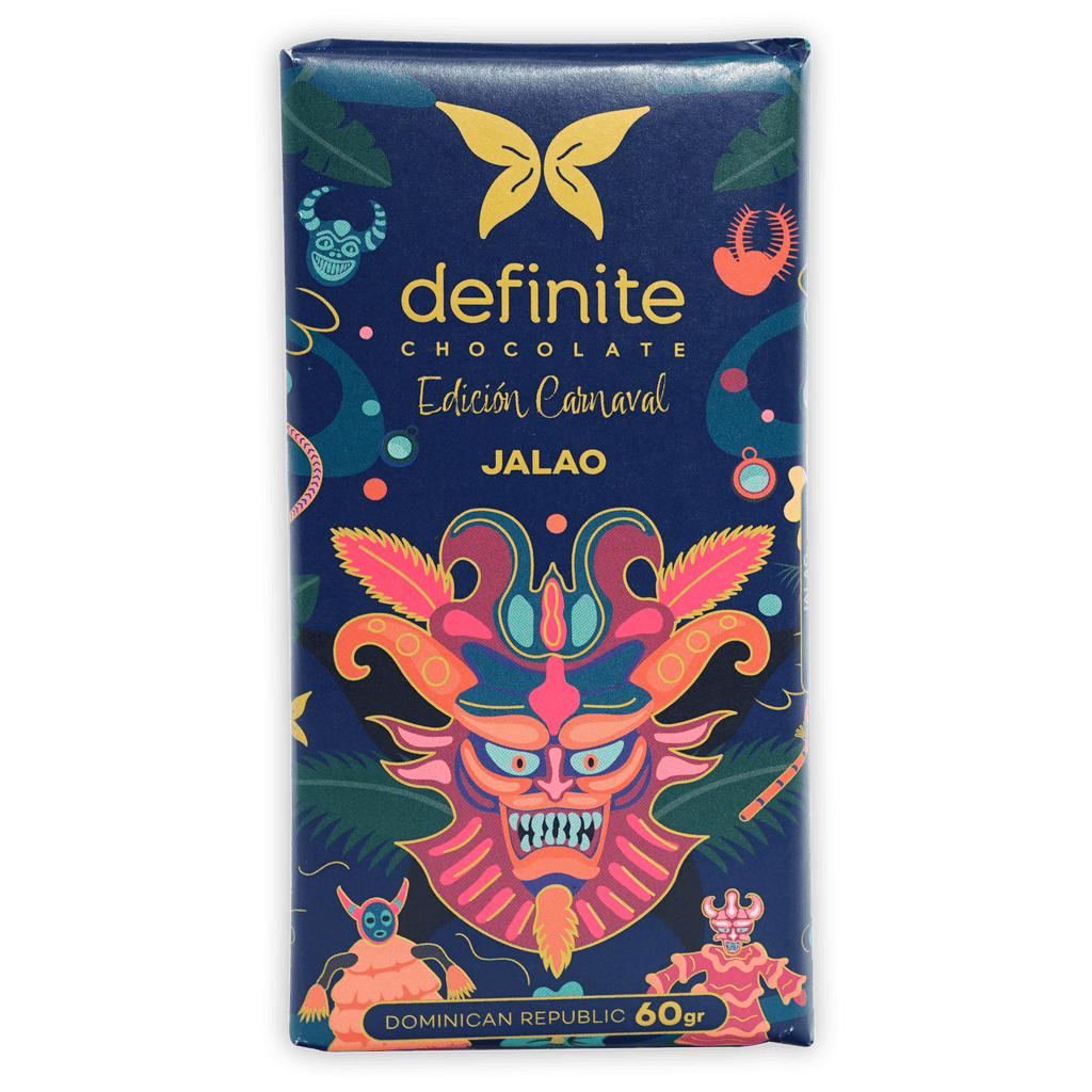 Definite Chocolate Jalao dark chocolate bar wrapper with colorful carnaval mask