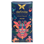 Definite Chocolate Jalao dark chocolate bar wrapper with colorful carnaval mask