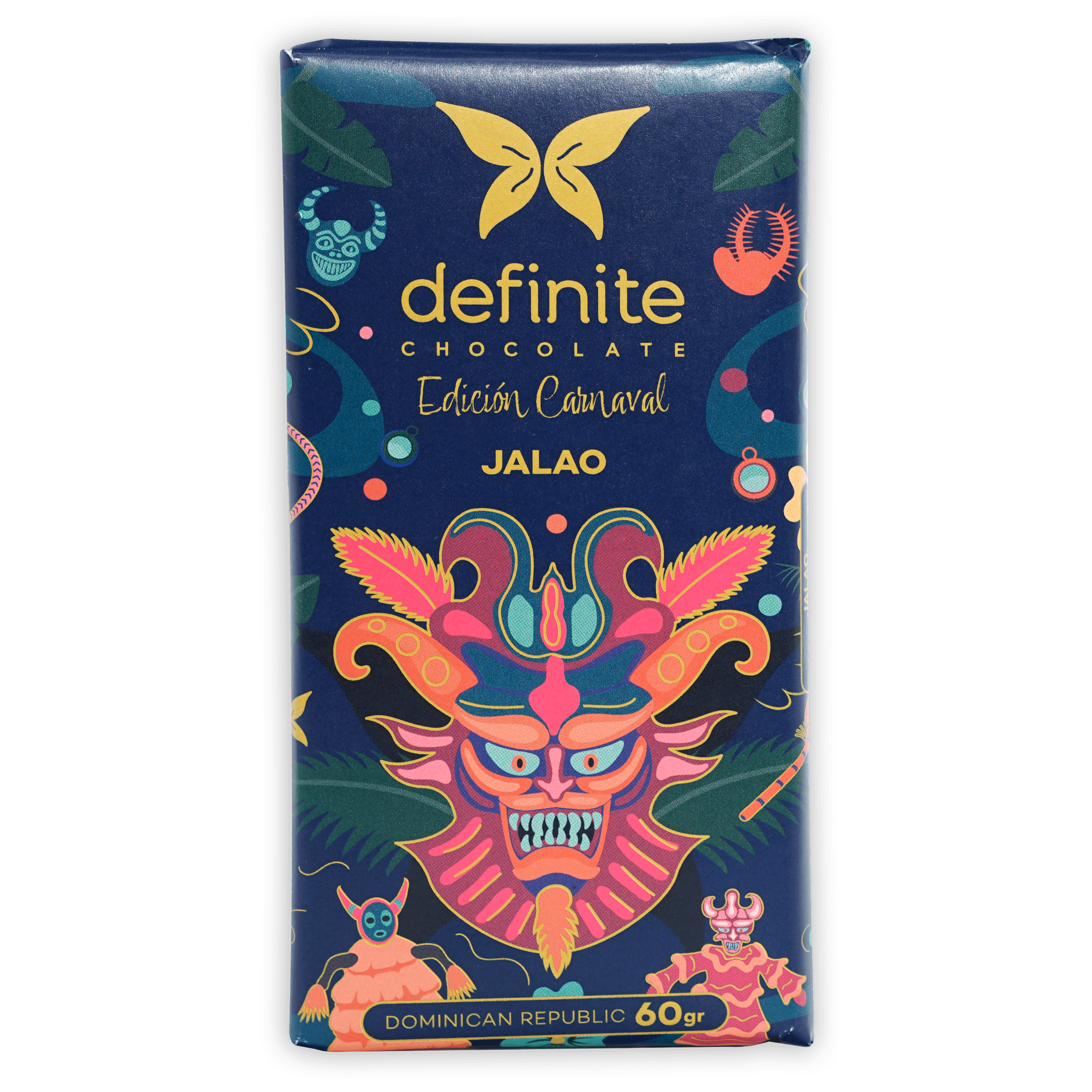Definite Chocolate Jalao dark chocolate bar wrapper with colorful carnaval mask