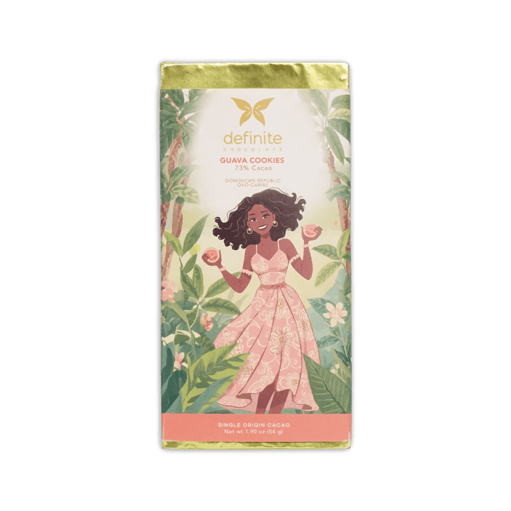 Definite Chocolate bar, illustrated woman in pink dress holding guava among leaves, Guava Cookies 73% Cacao, Dominican Republic