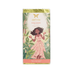 Definite Chocolate bar, illustrated woman in pink dress holding guava among leaves, Guava Cookies 73% Cacao, Dominican Republic