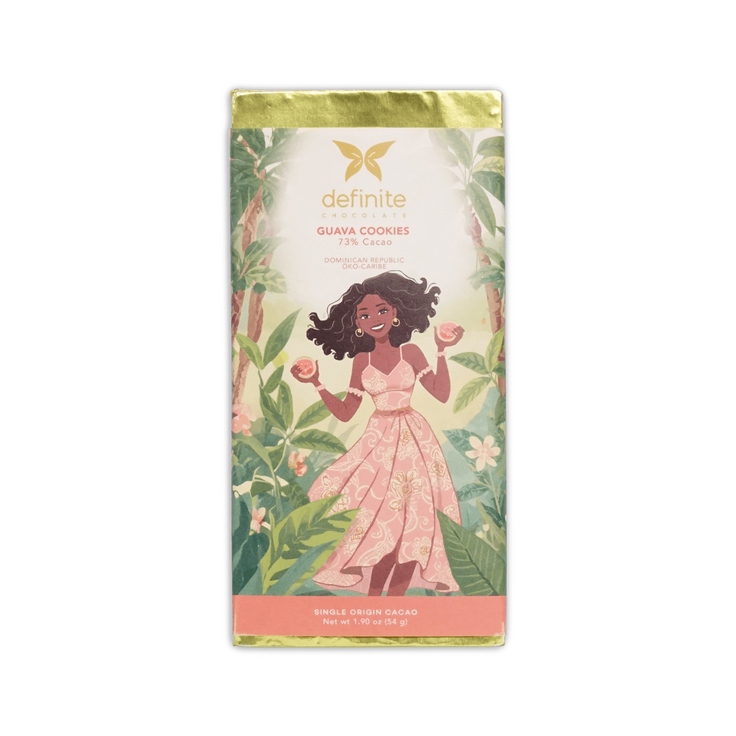 Definite Chocolate bar, illustrated woman in pink dress holding guava among leaves, Guava Cookies 73% Cacao, Dominican Republic