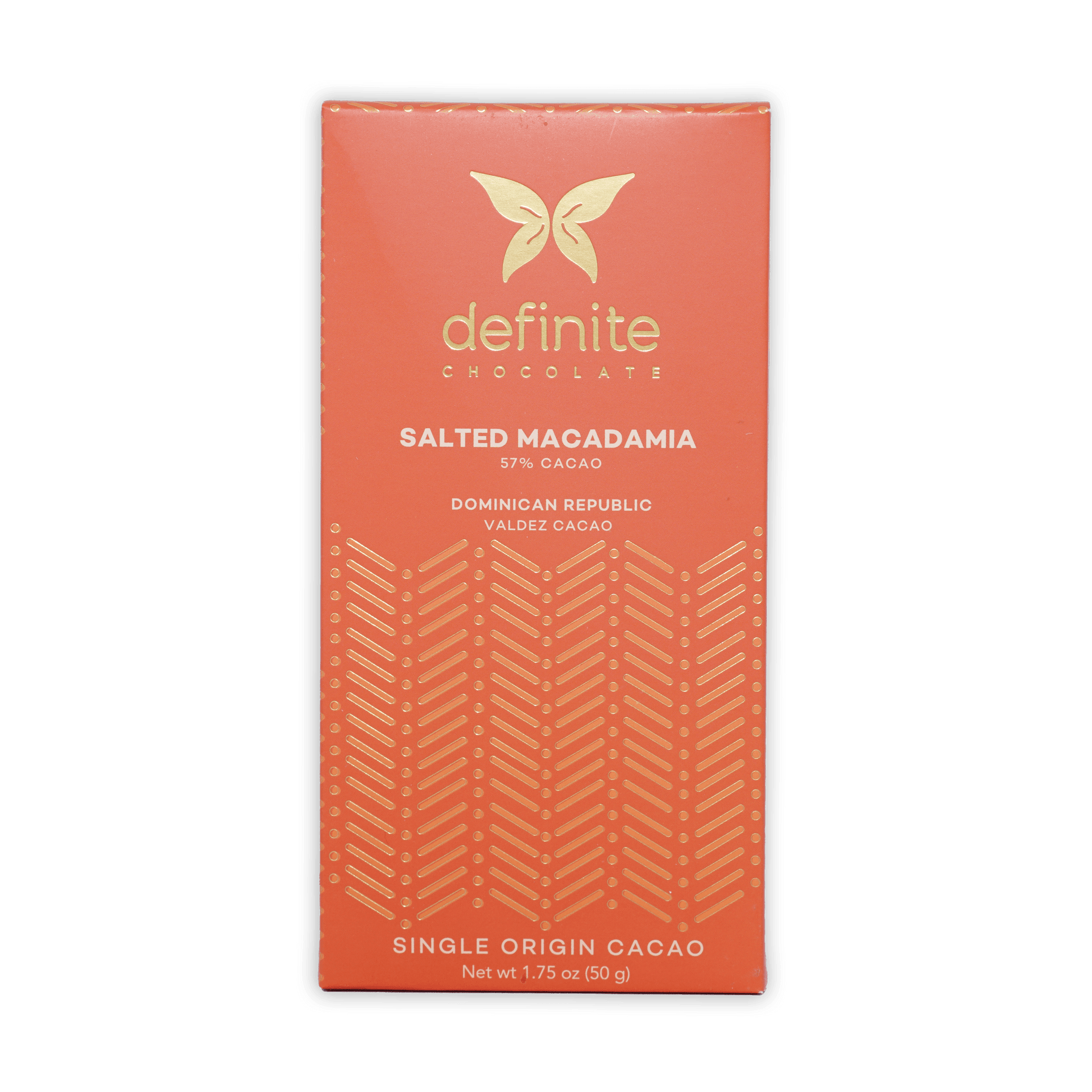 Definite Cashew Milk Chocolate w/ Macadamia 57% coral wrapper with gold butterfly