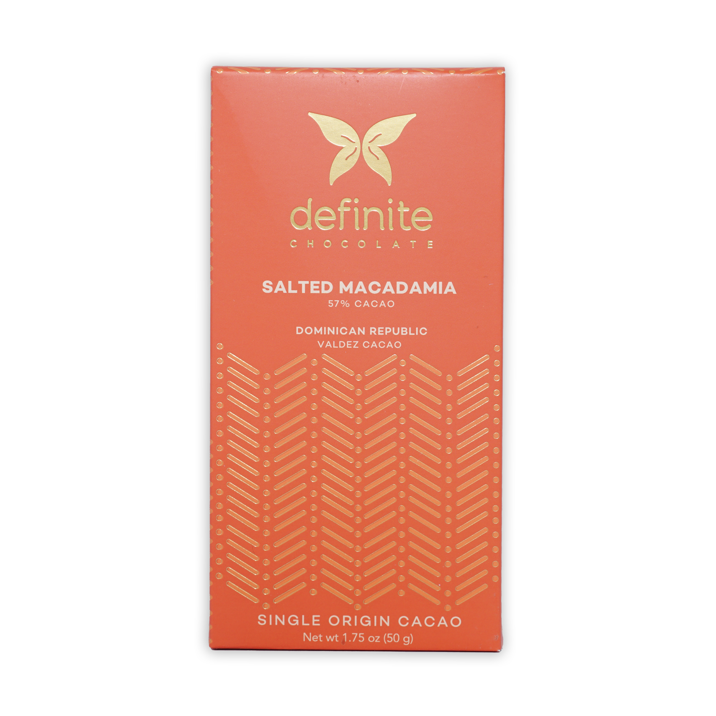 Definite Cashew Milk Chocolate w/ Macadamia 57% coral wrapper with gold butterfly