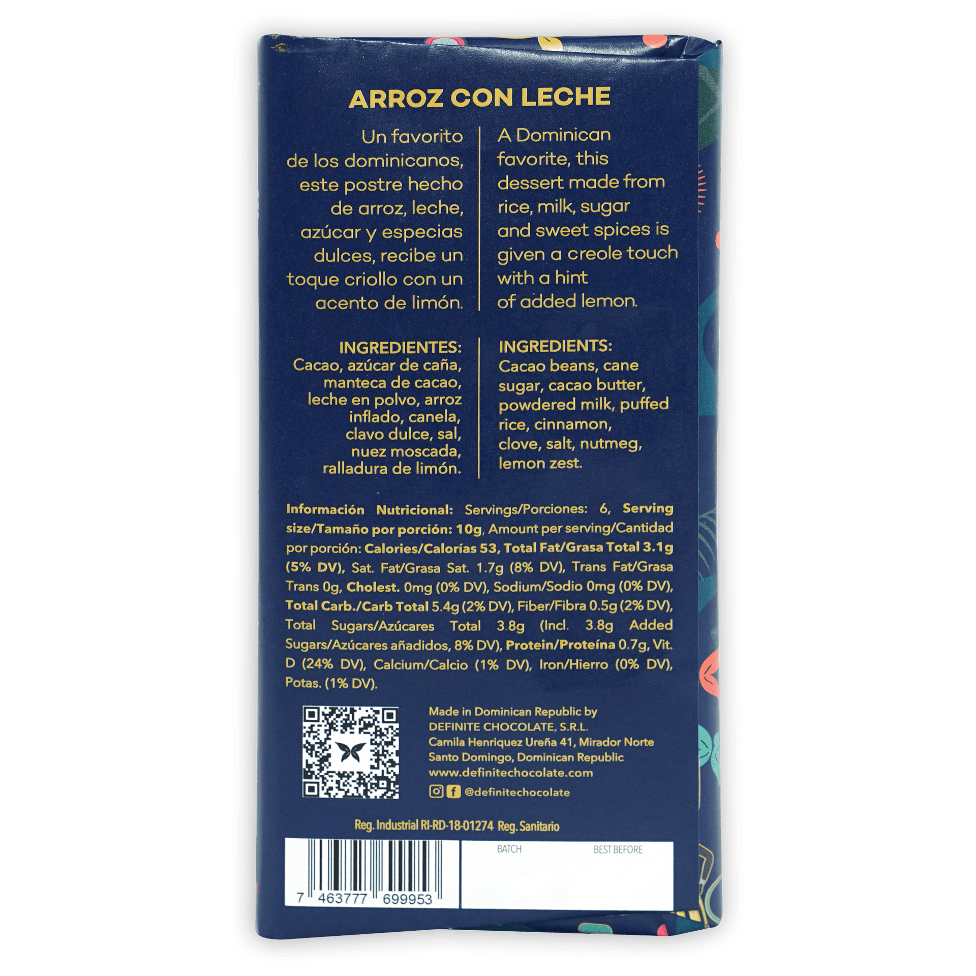 Definite Chocolate Arroz con Leche milk bar wrapper with gold text and floral edges
