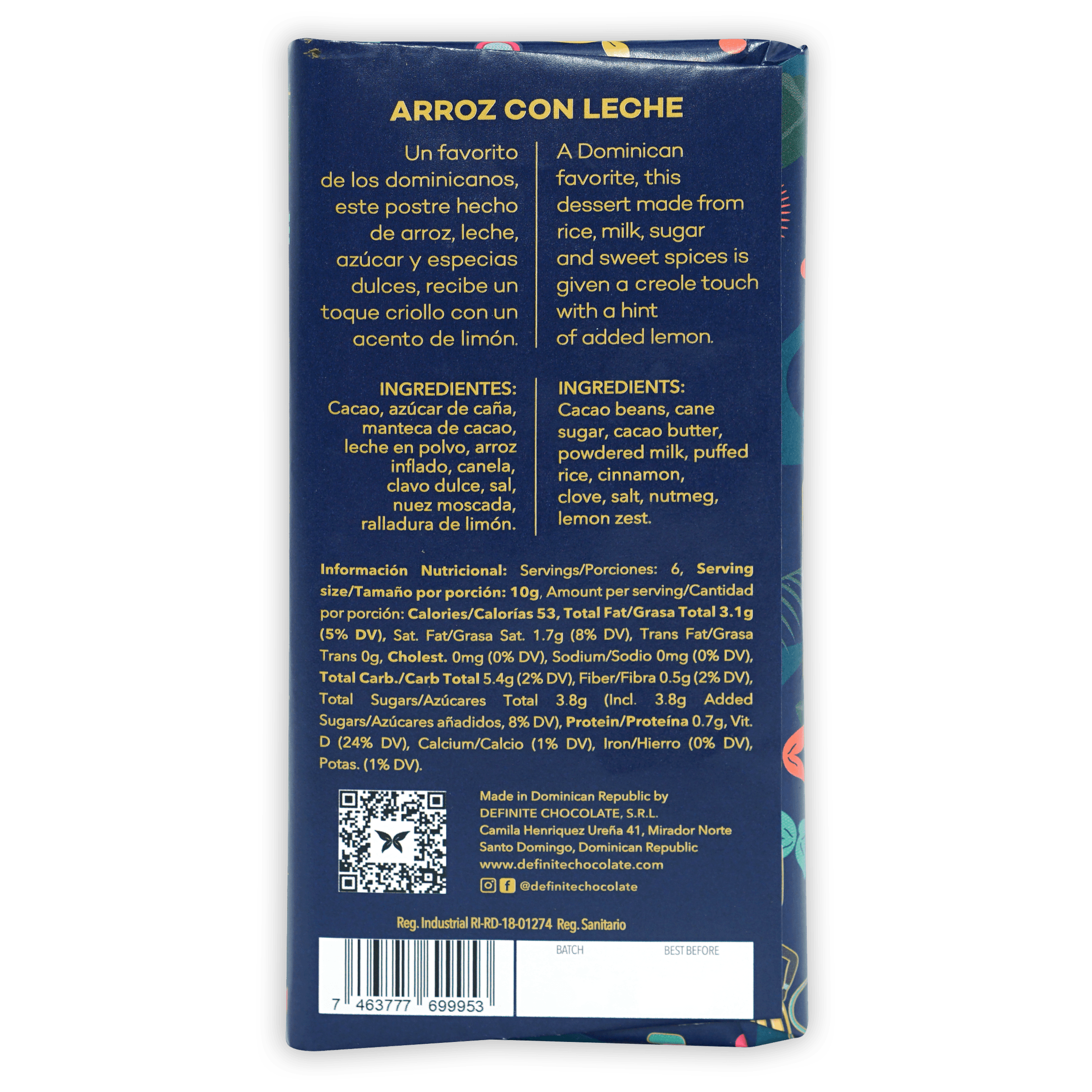 Definite Chocolate Arroz con Leche milk bar wrapper with gold text and floral edges