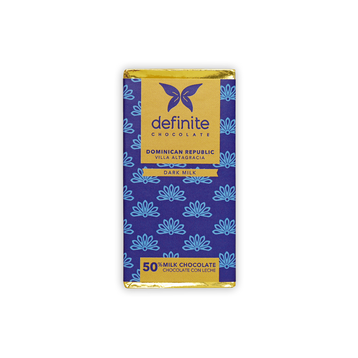 Definite Chocolate Mini Bars Milk 55% blue gold butterfly bar