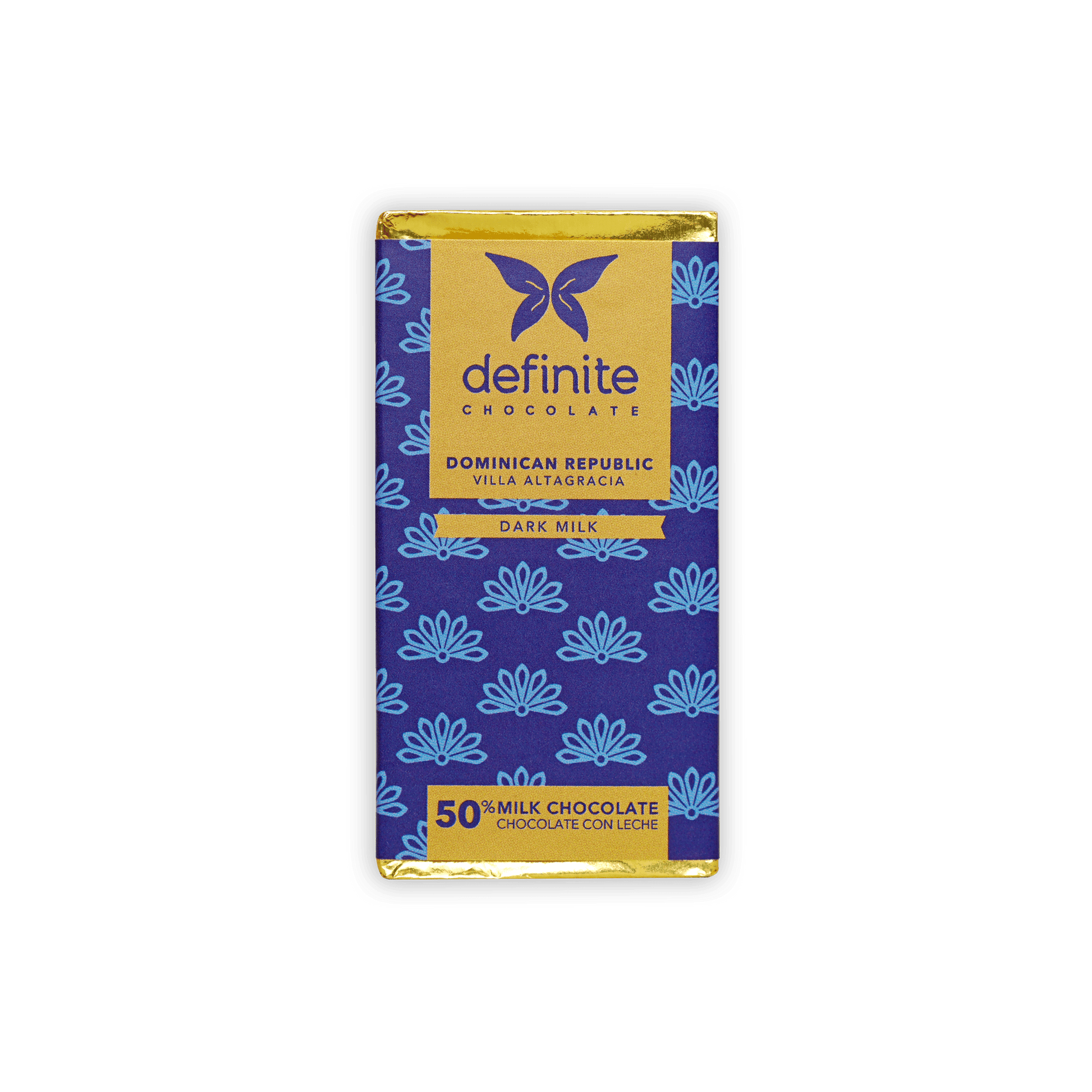 Definite Chocolate Mini Bars Milk 55% blue gold butterfly bar