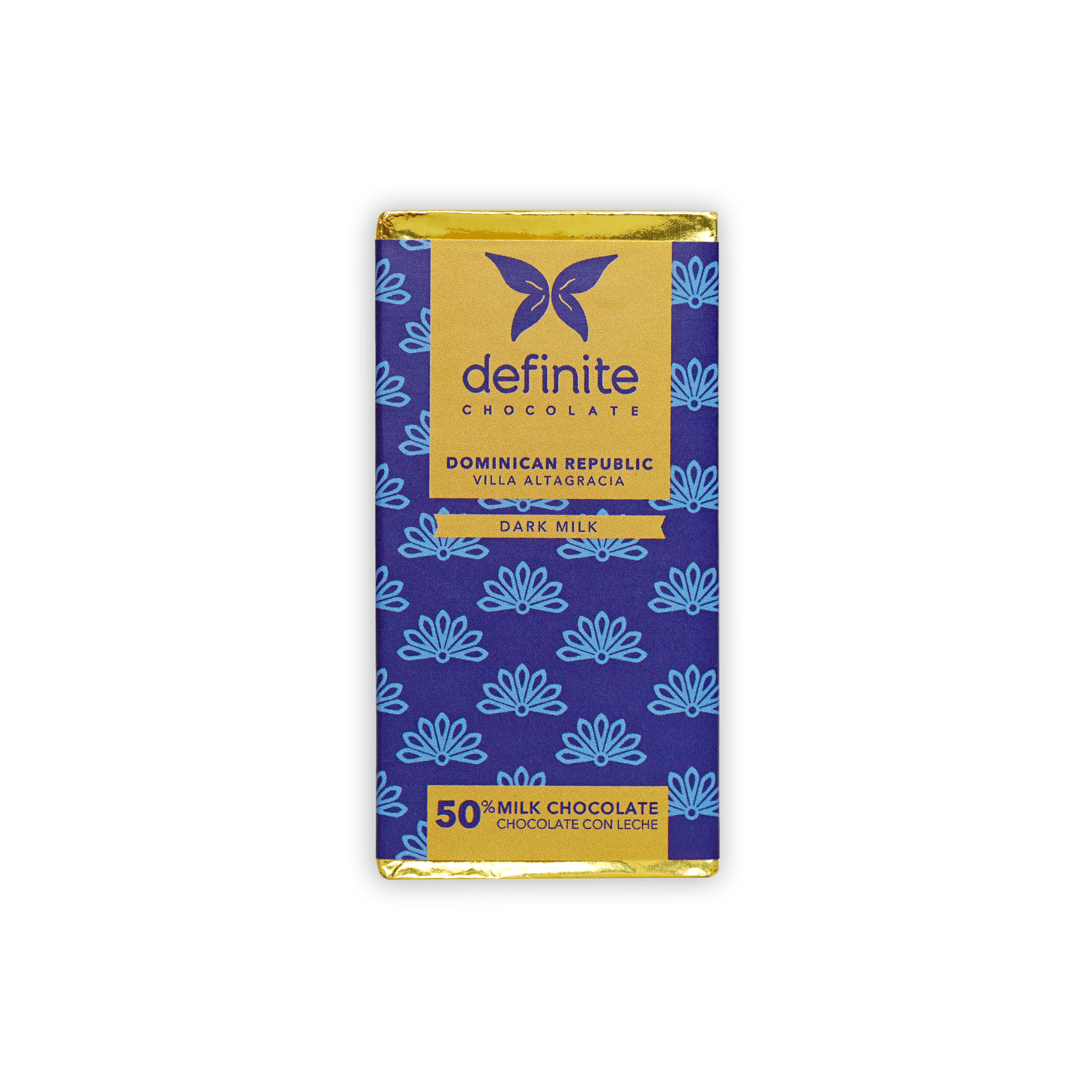 Definite Chocolate Mini Bars Milk 55% blue gold butterfly bar