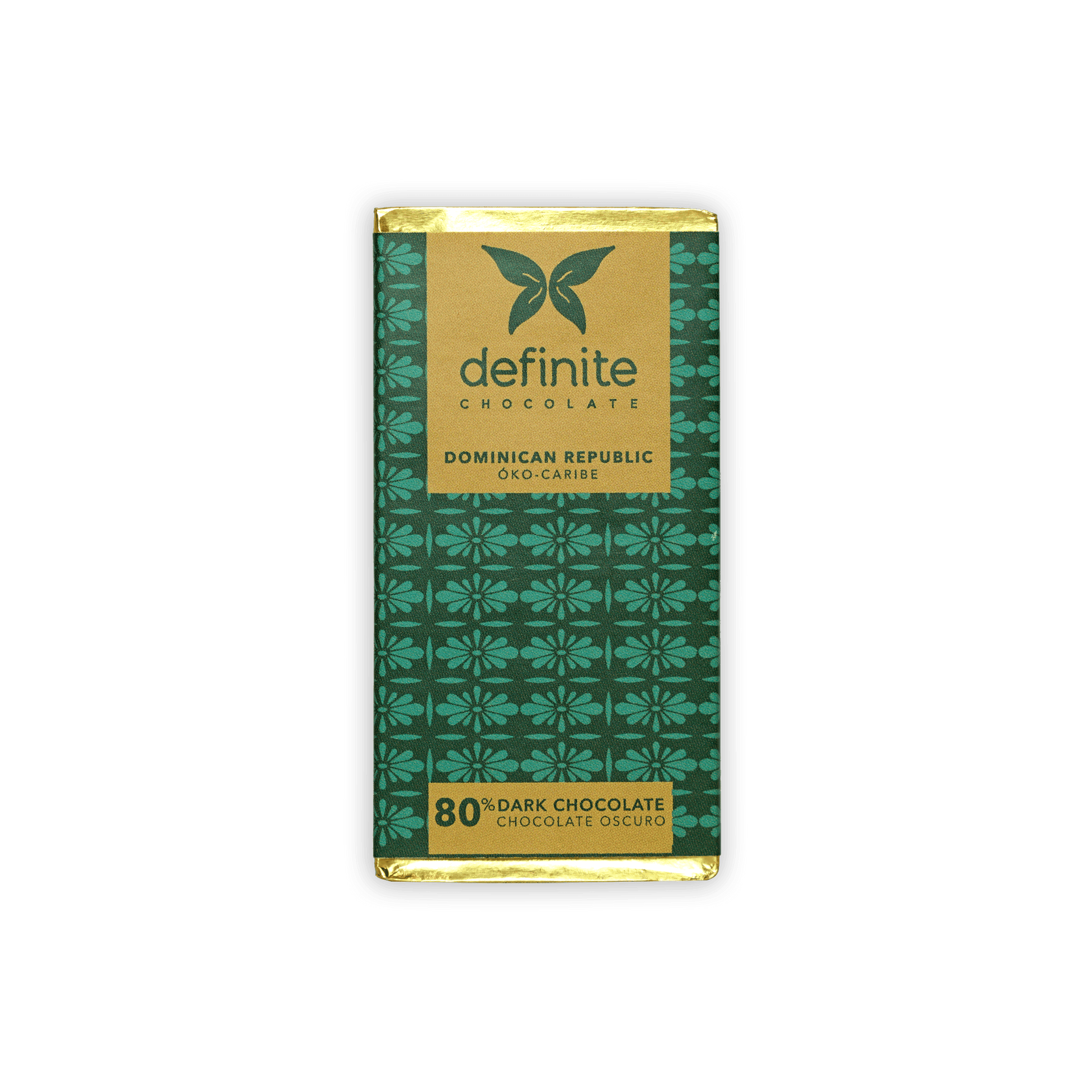 Definite Chocolate Mini Bars Dark 80% in green gold floral foil