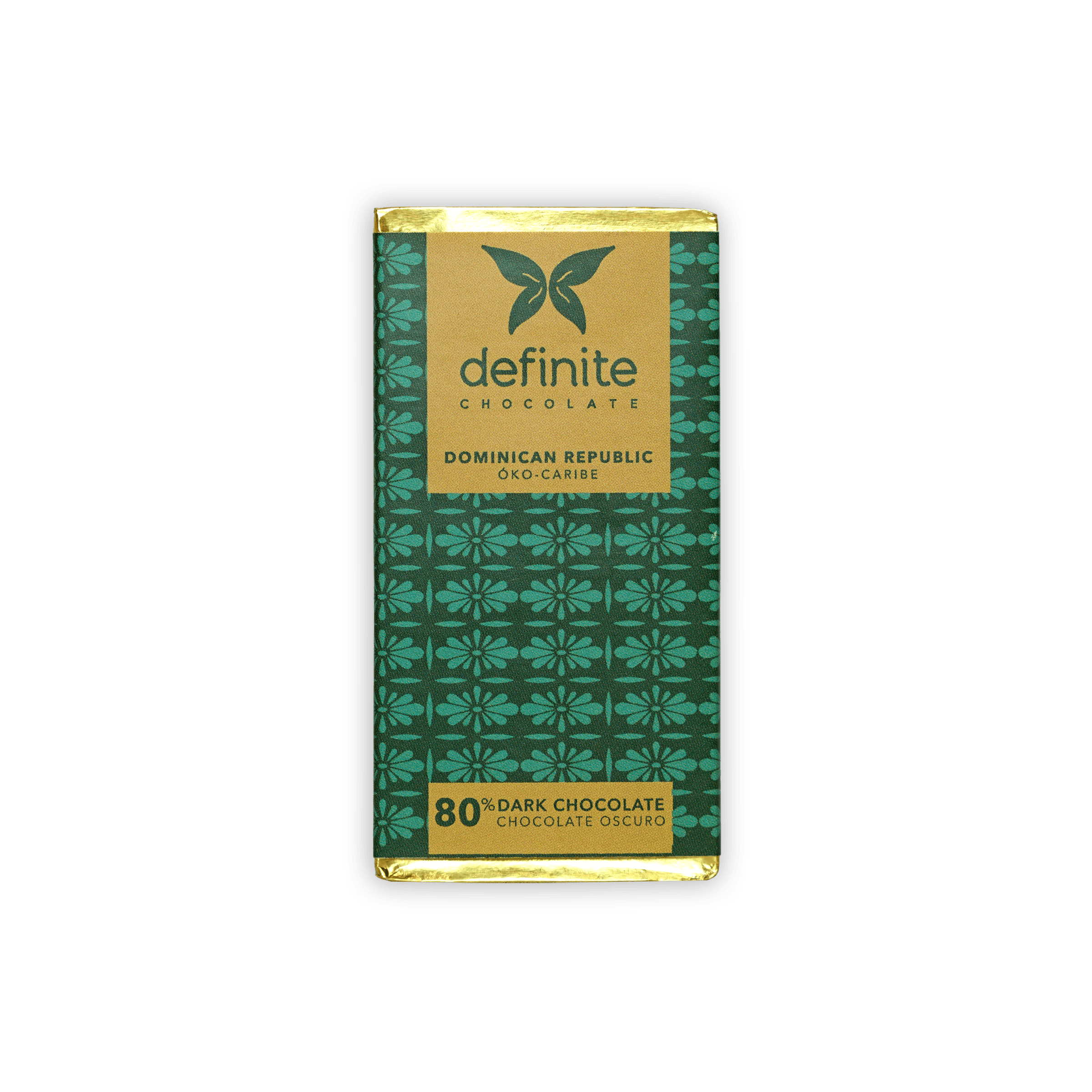 Definite Chocolate Mini Bars Dark 80% in green gold floral foil