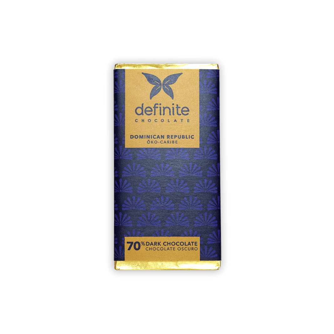 Definite Chocolate Mini Bars Dark 70% in blue foil with gold and butterfly logo