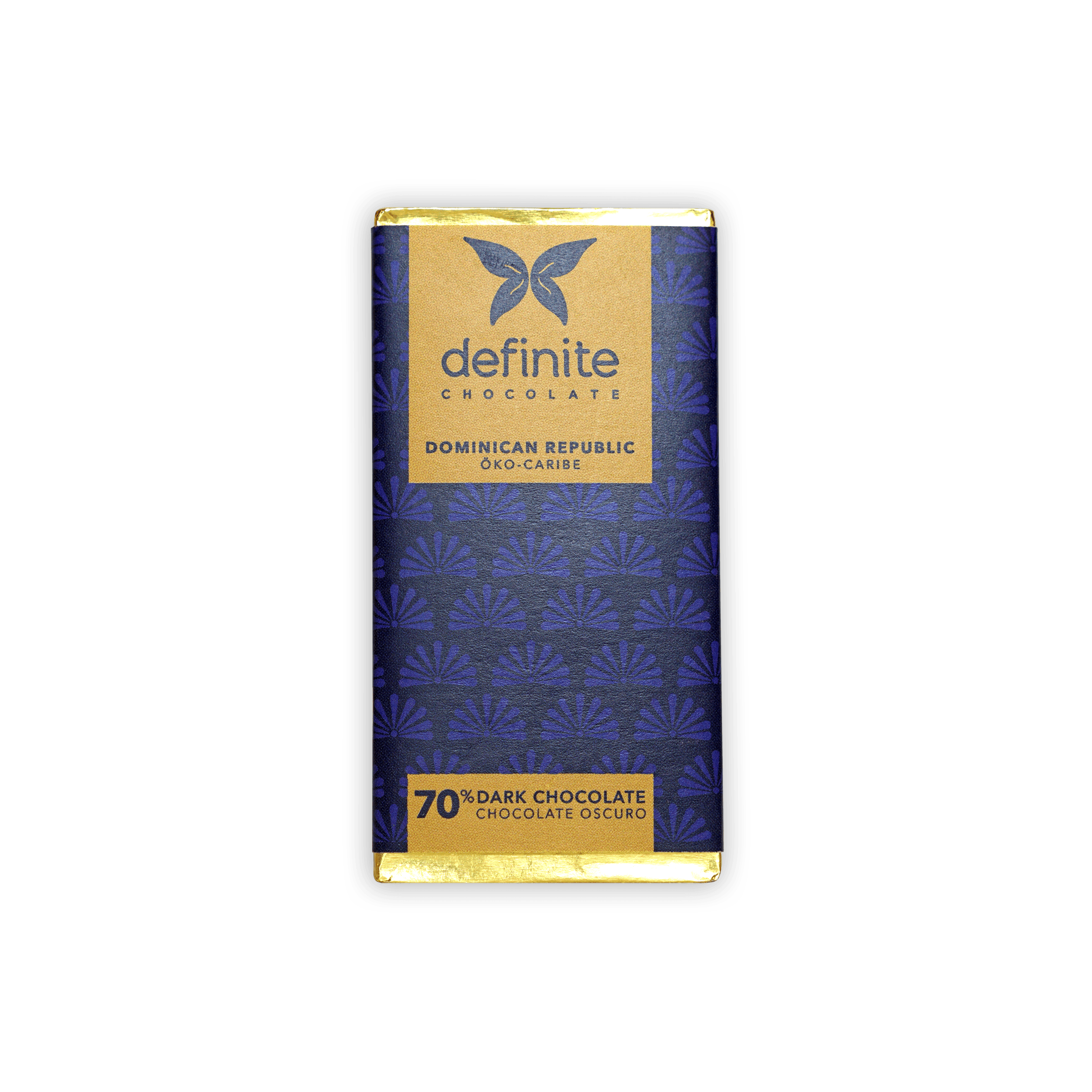 Definite Chocolate Mini Bars Dark 70% in blue foil with gold and butterfly logo