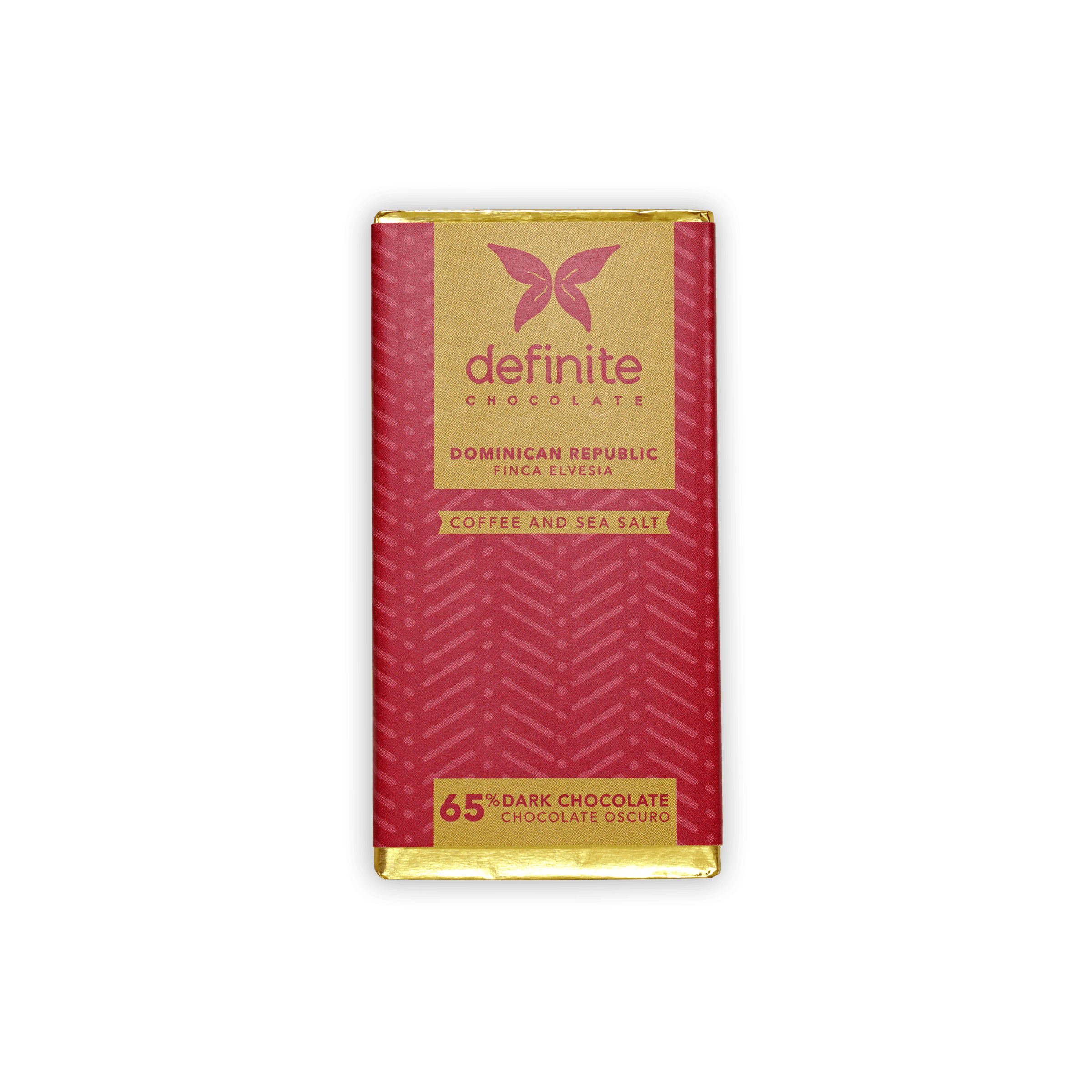 Definite Chocolate mini bar: 65% dark with coffee, sea salt, red-gold wrap, butterfly logo