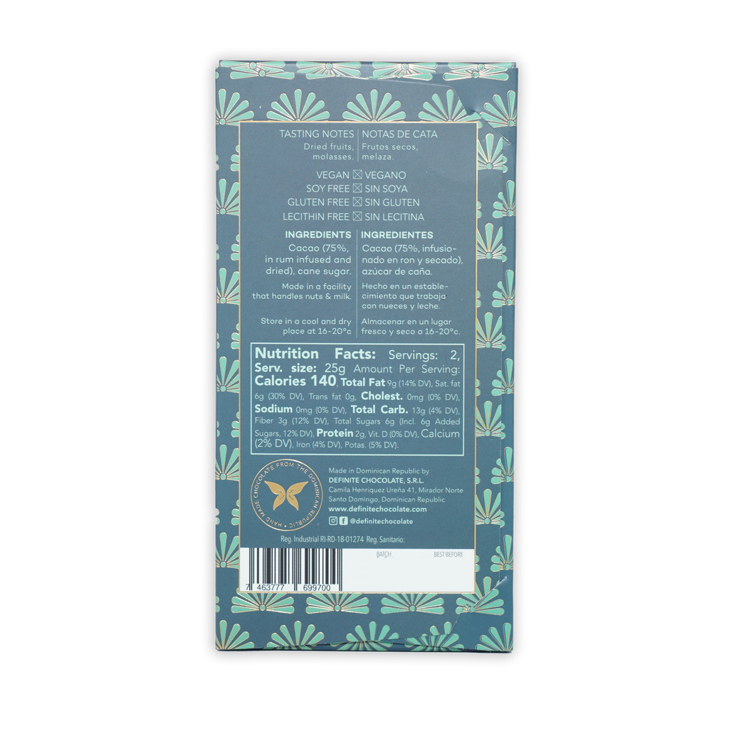 Definite Dark w/ Rum Infusion 75% cacao chocolate bar in teal box
