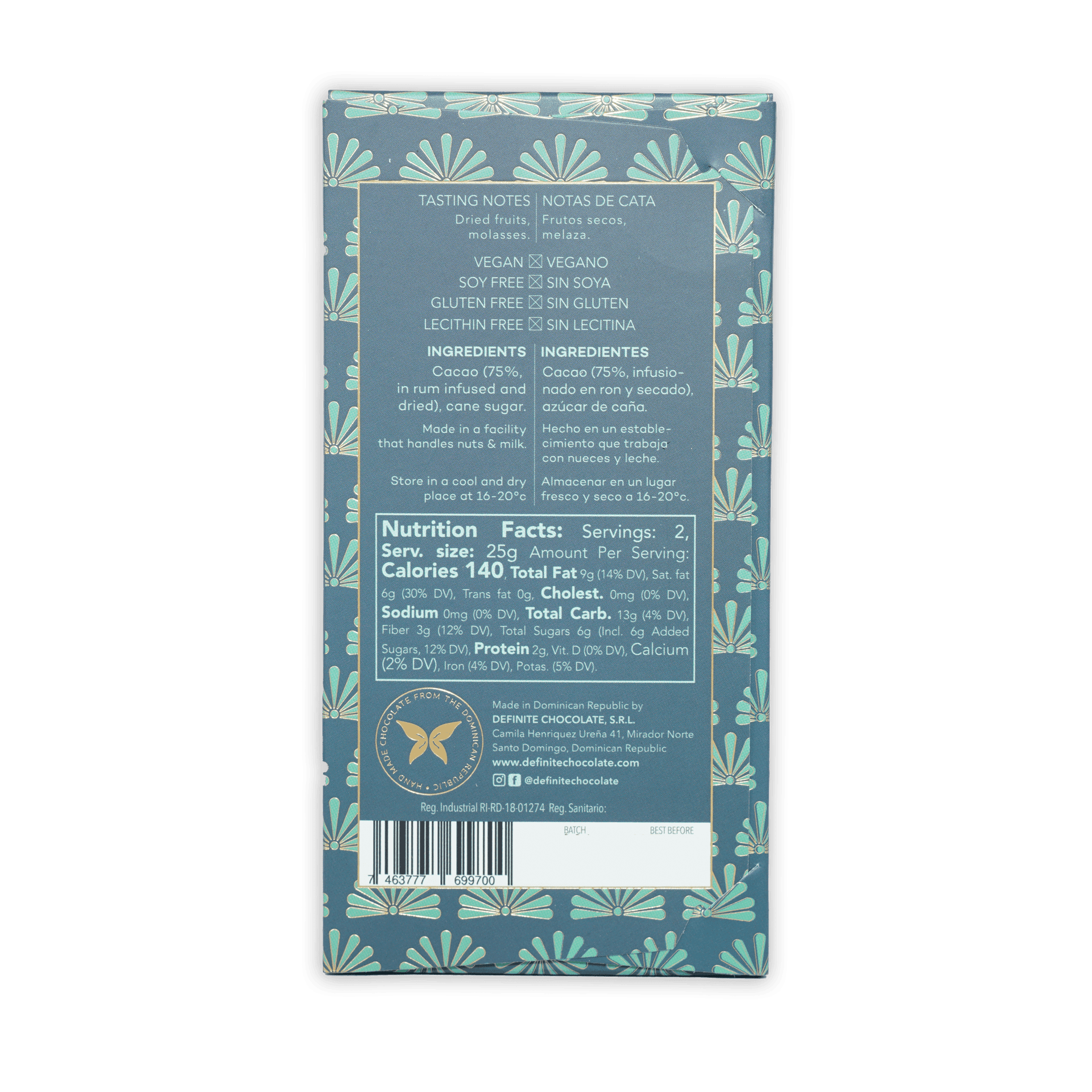 Definite Dark w/ Rum Infusion 75% cacao chocolate bar in teal box