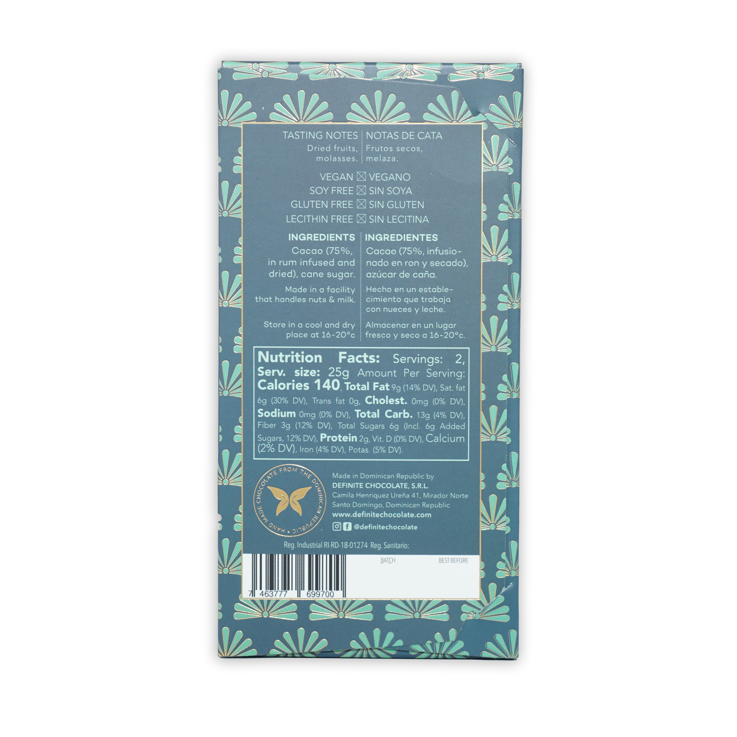 Definite Dark w/ Rum Infusion 75% cacao chocolate bar in teal box