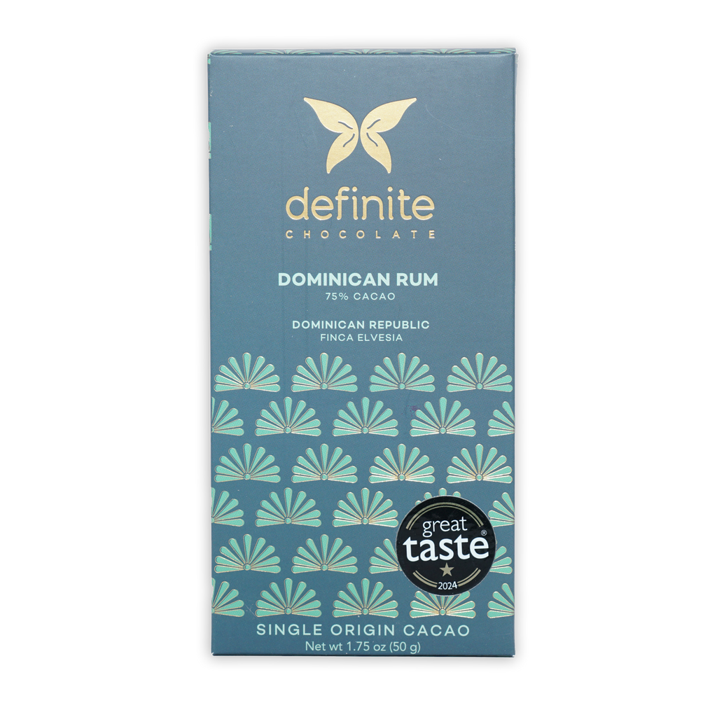 Definite Dark w/ Rum Infusion 75% blue wrapper with gold butterfly