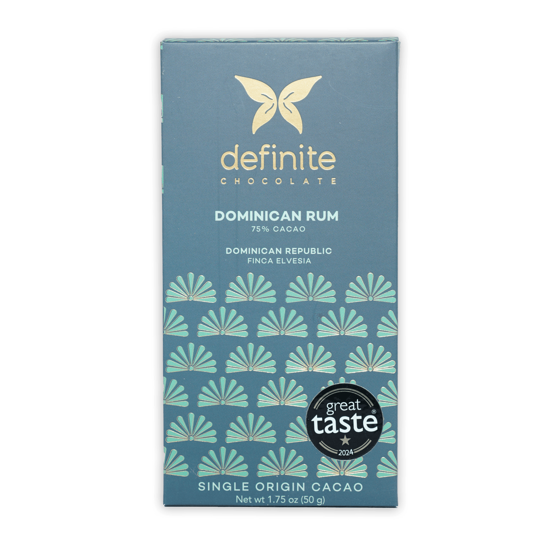 Definite Dark w/ Rum Infusion 75% blue wrapper with gold butterfly