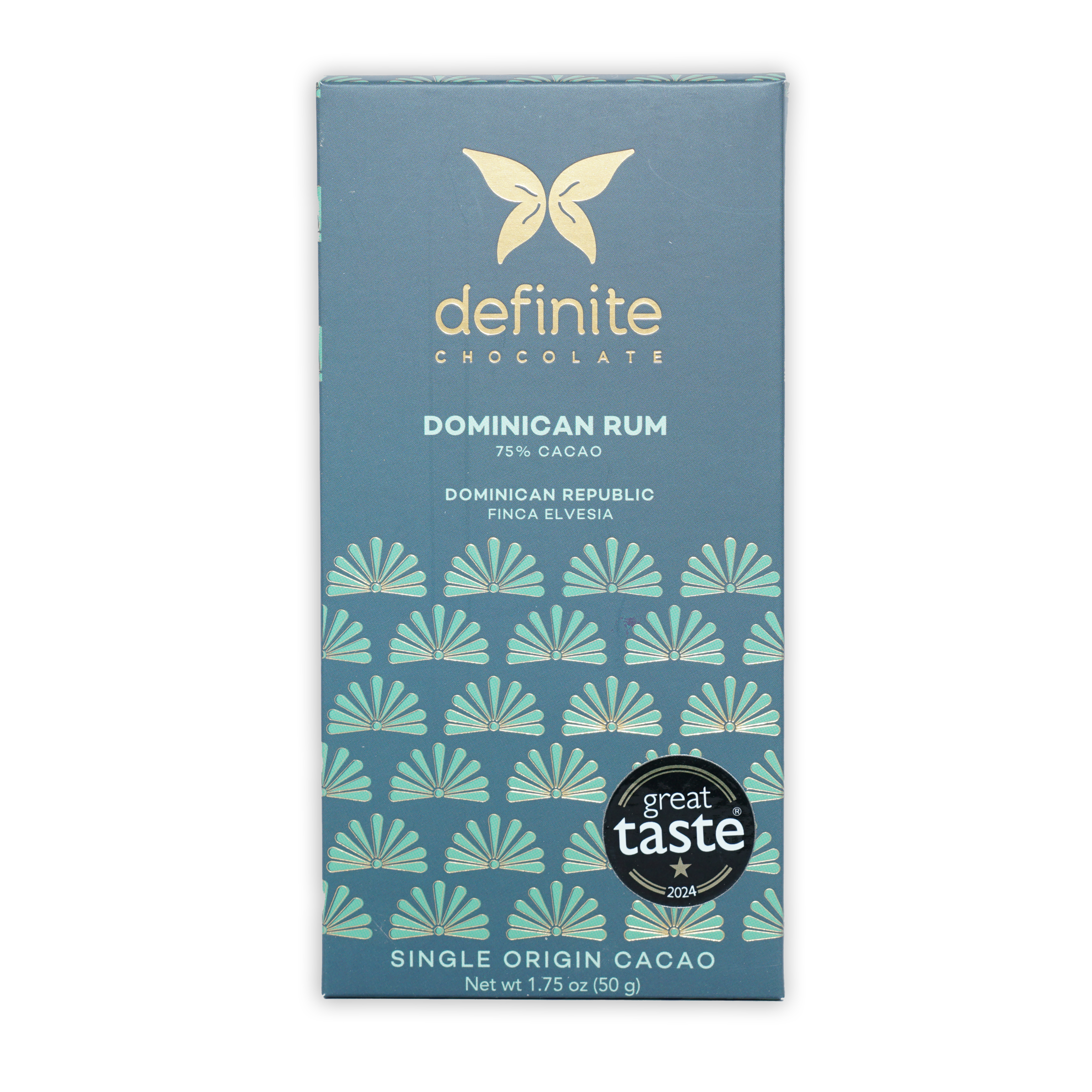 Definite Dark w/ Rum Infusion 75% blue wrapper with gold butterfly