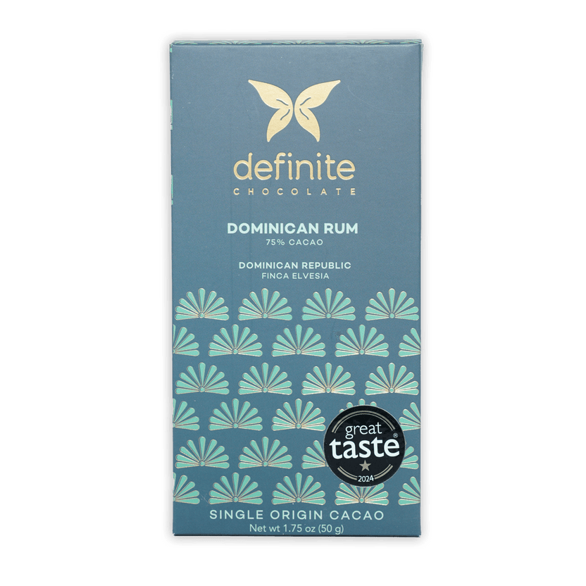 Definite Dark w/ Rum Infusion 75% blue wrapper with gold butterfly