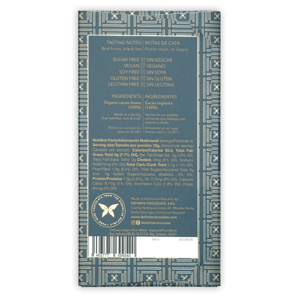 Back of Definite Zorzal 100% chocolate bar wrapper with teal geometric pattern